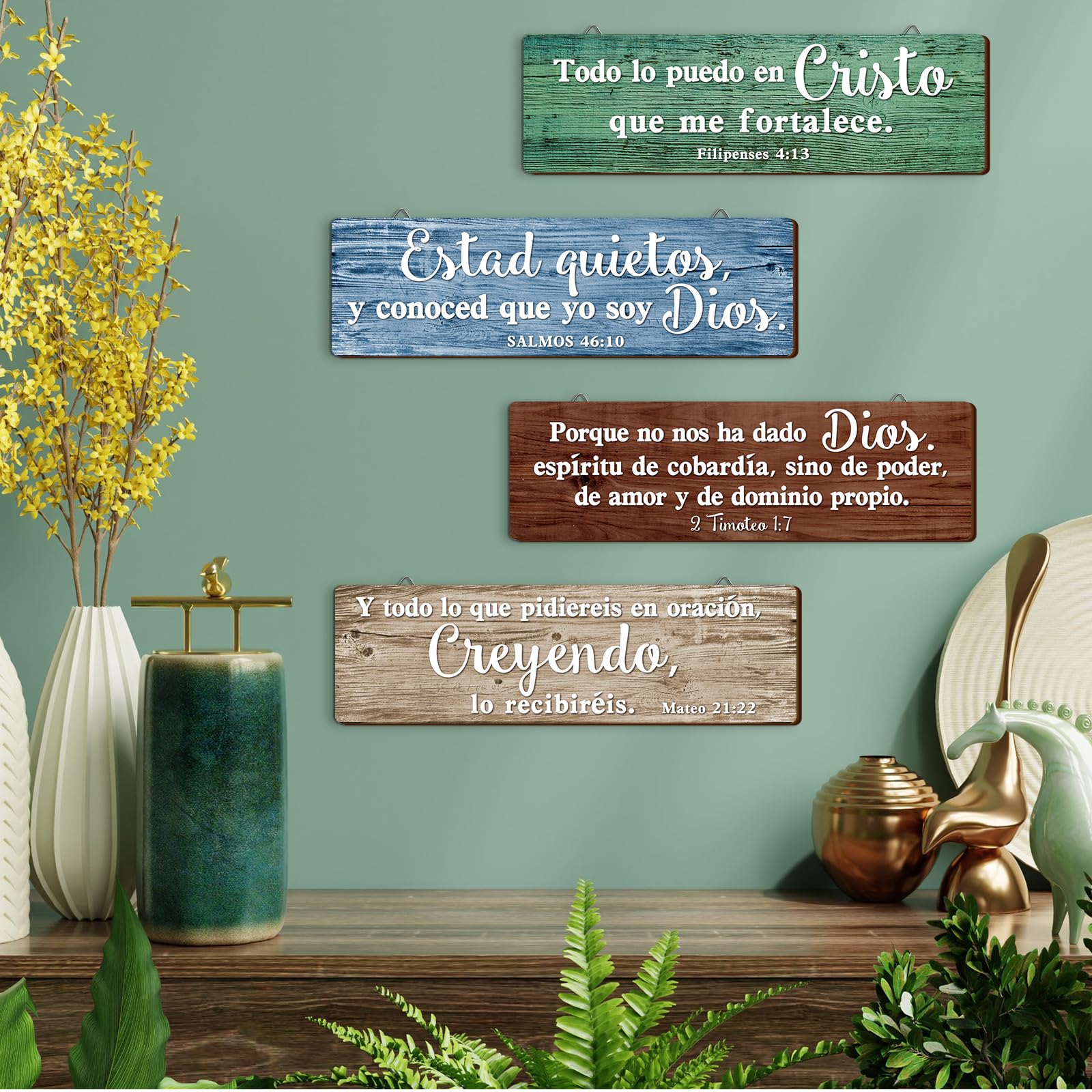 Yousoontic 4 Pieces Spanish Bible Verses Wall Decor Christian Spanish Wood Plaque Hanging Sign Religious Wall Decor Bible Verses