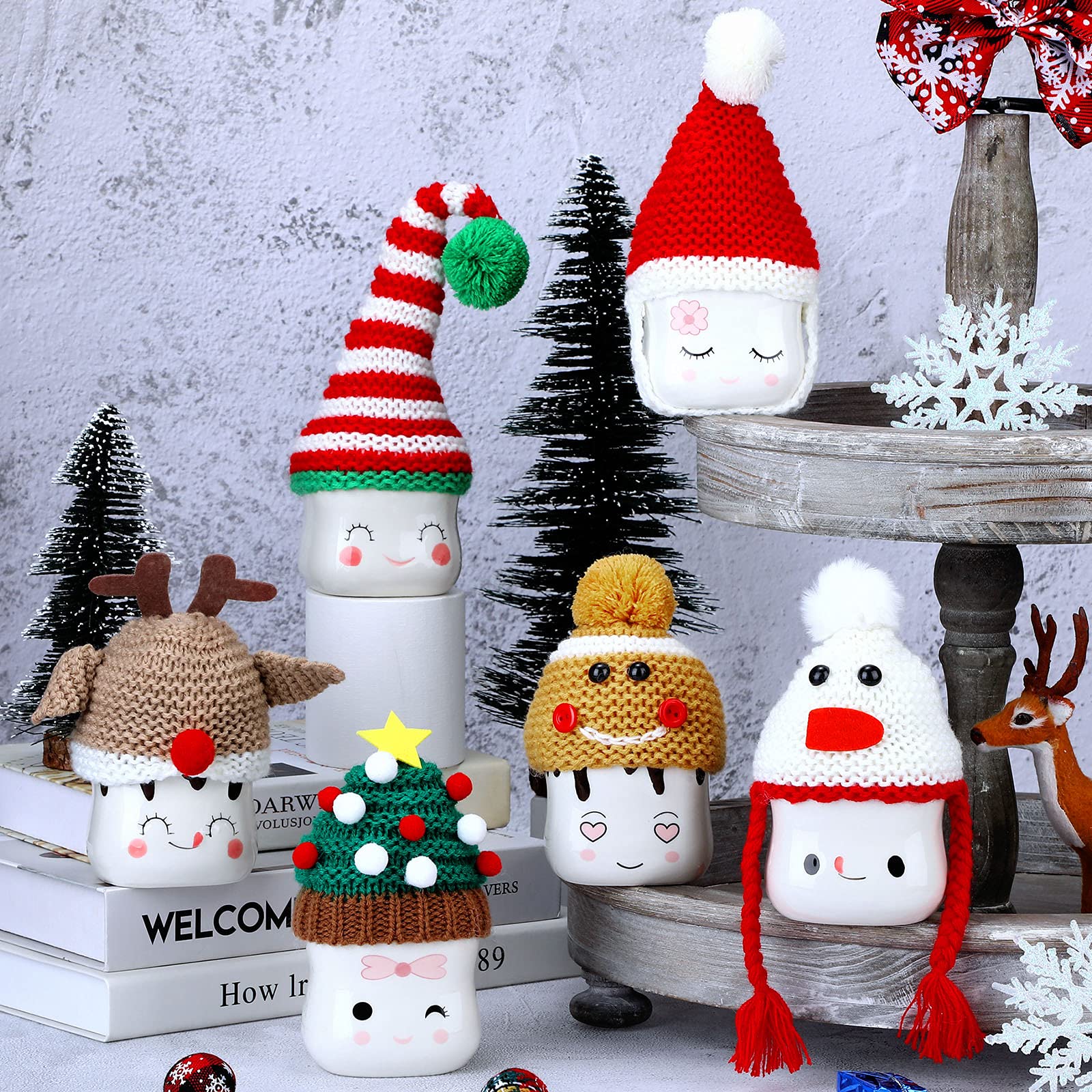 Gejoy 6 Pieces Christmas Marshmallow Mug Hat Crochet Marshmallow Mug Toppers Hat Display for Christmas Winter Tray Decor(Assorte