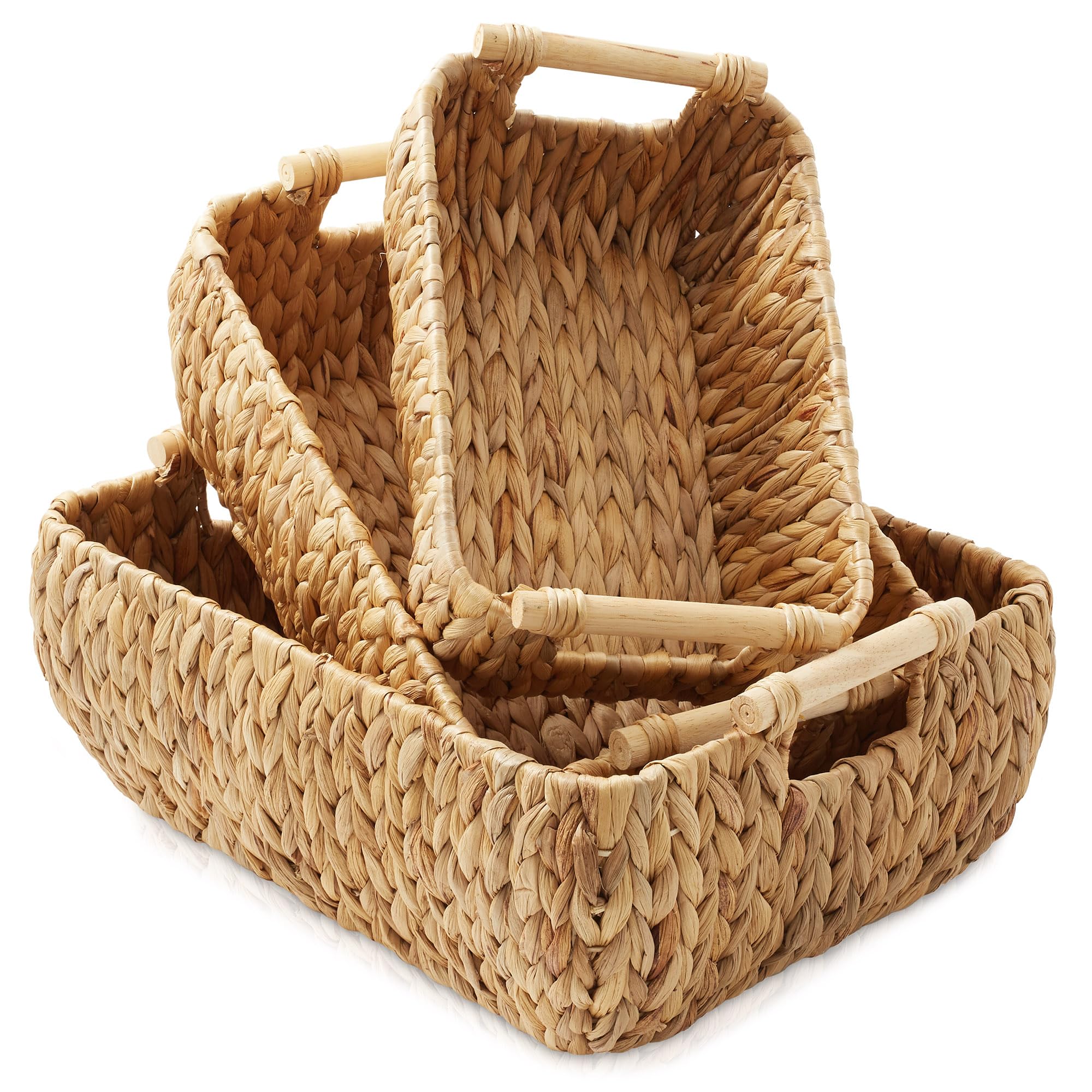 Casafield Set Of 3 Water Hyacinth Oval Storage Baskets With Wooden Handles - Small, Medium, Large - Woven Nesting Basket Organiz