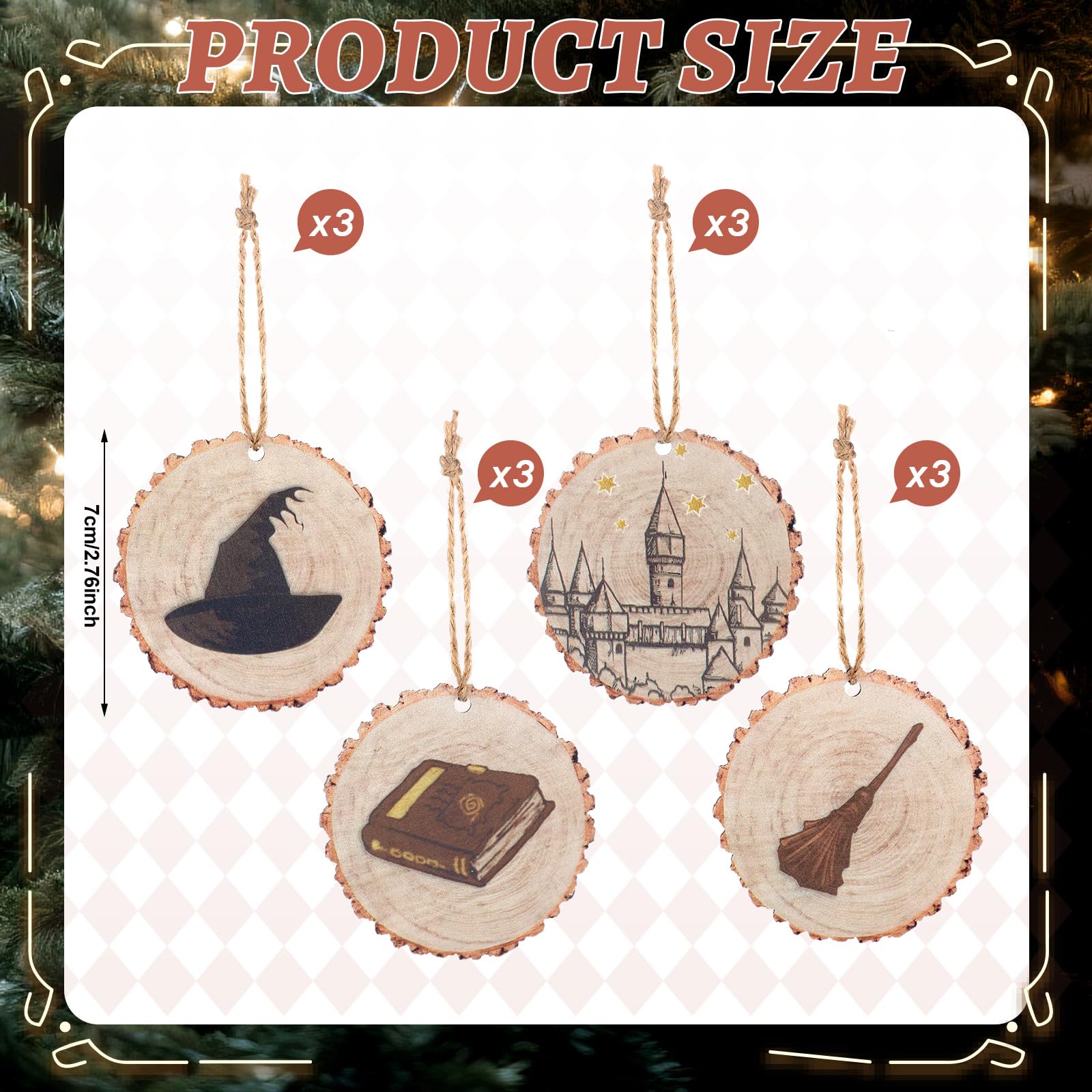Soulchen 12 Pcs Magical Wizard Christmas Decor Wizard Magic Christmas Tree Hanging Ornaments Wooden Vintage Magic Hat Book Castl