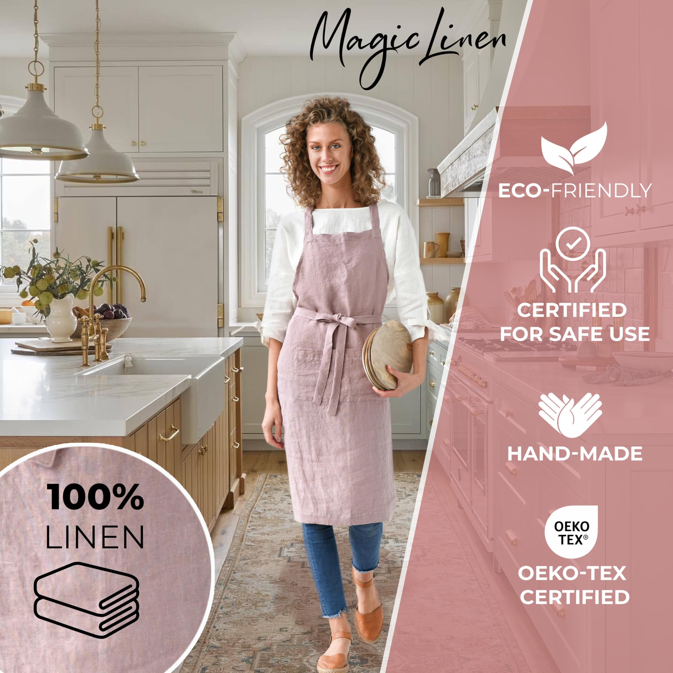 Magiclinen 100% Linen Apron - Cooking Aprons For Women With Pockets - Stylish Kitchen Apron For Men And Women - Aprons For Cooki