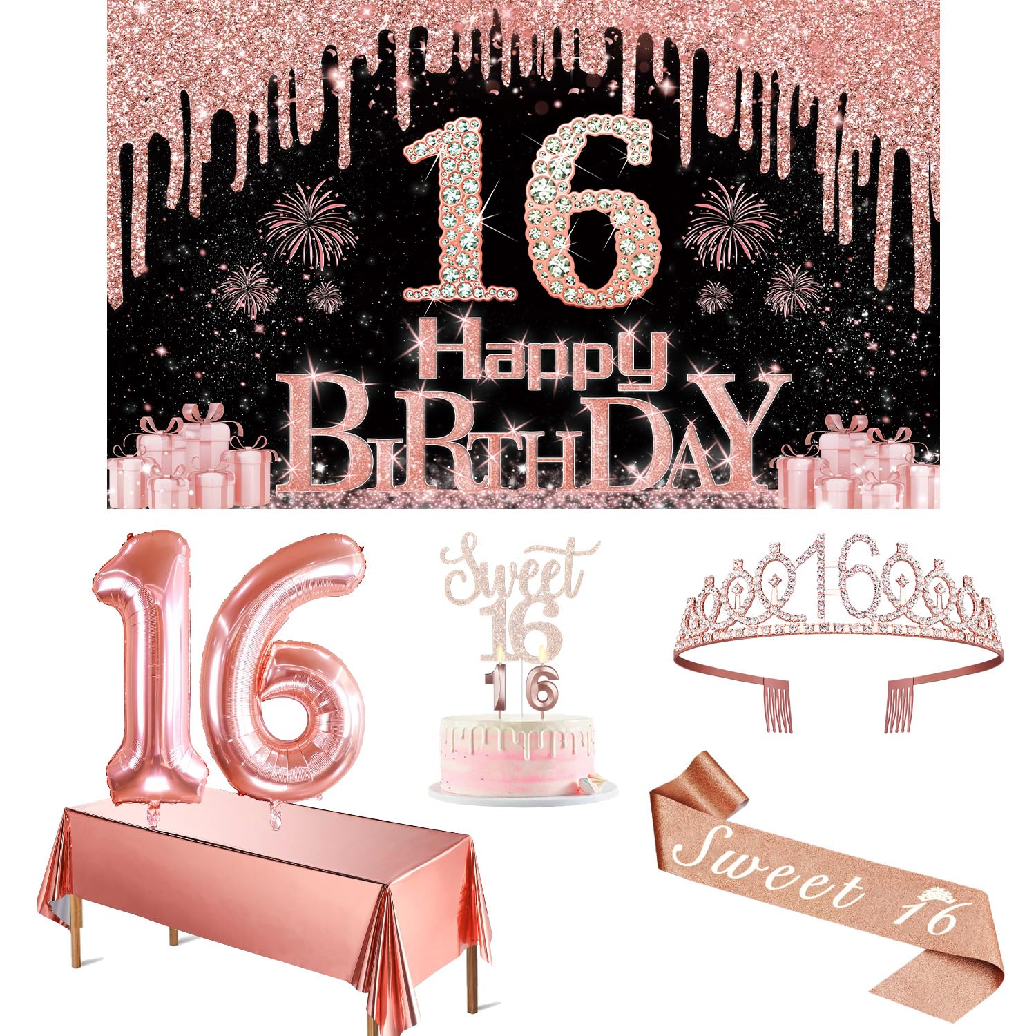 Sweet 16 Birthday Decorations For Girls, Including 16Th Birthday Banner, Rose Gold Tablecloth, Number Balloons, Sash And Tiara,
