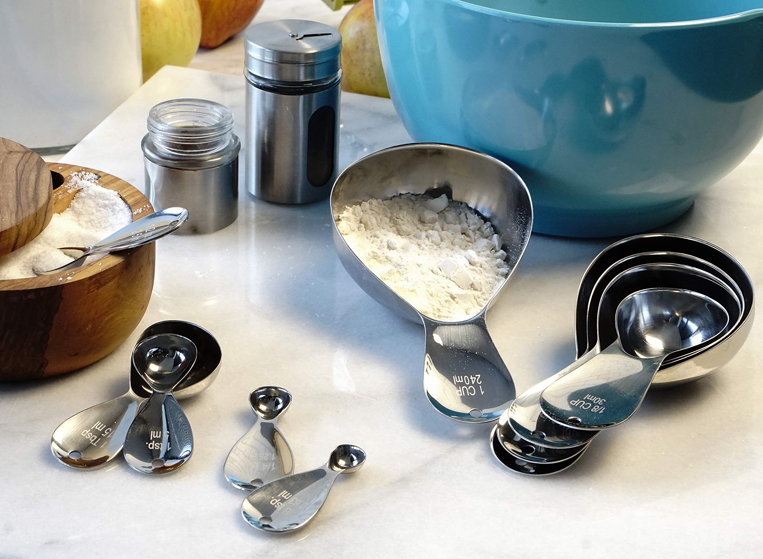 RSVP International Endurance Kitchen Collection Measuring Spoons  Dishwasher Safe  Teardrop  5 Piece  Stainless Steel