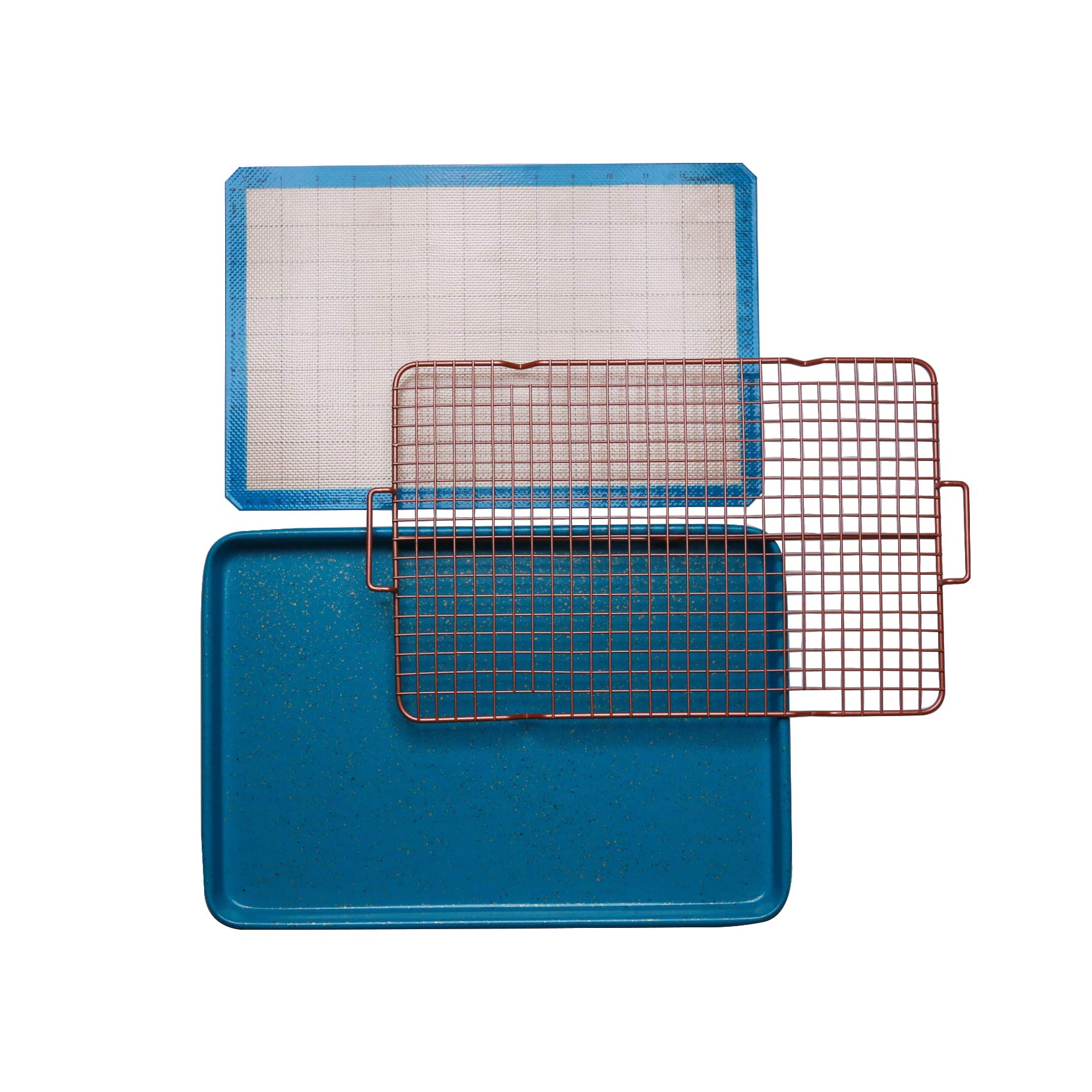 Casaware 3Pc Ultimate Commercial Weight 15 X 10 X 1-Inch Cookie Sheet/Cooling Grid/Silicone Mat Bakeware Set (Blue Granite)