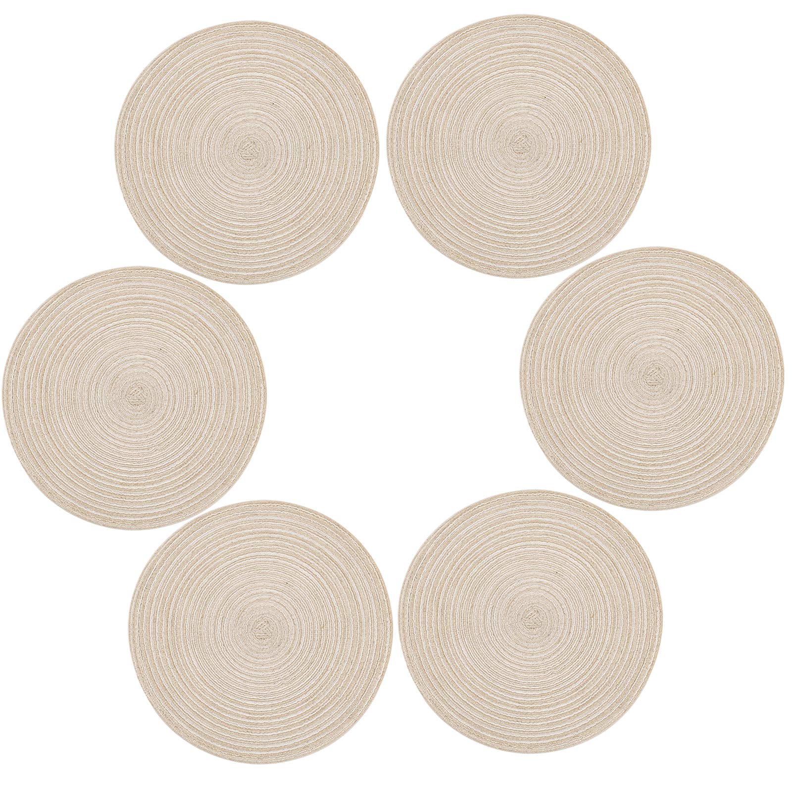Topotdor 14 Inch Round Placemats Heat-Resistant Stain Resistant Anti-Skid Washable Polyproplene Table Mats Placemats (Beige, Set
