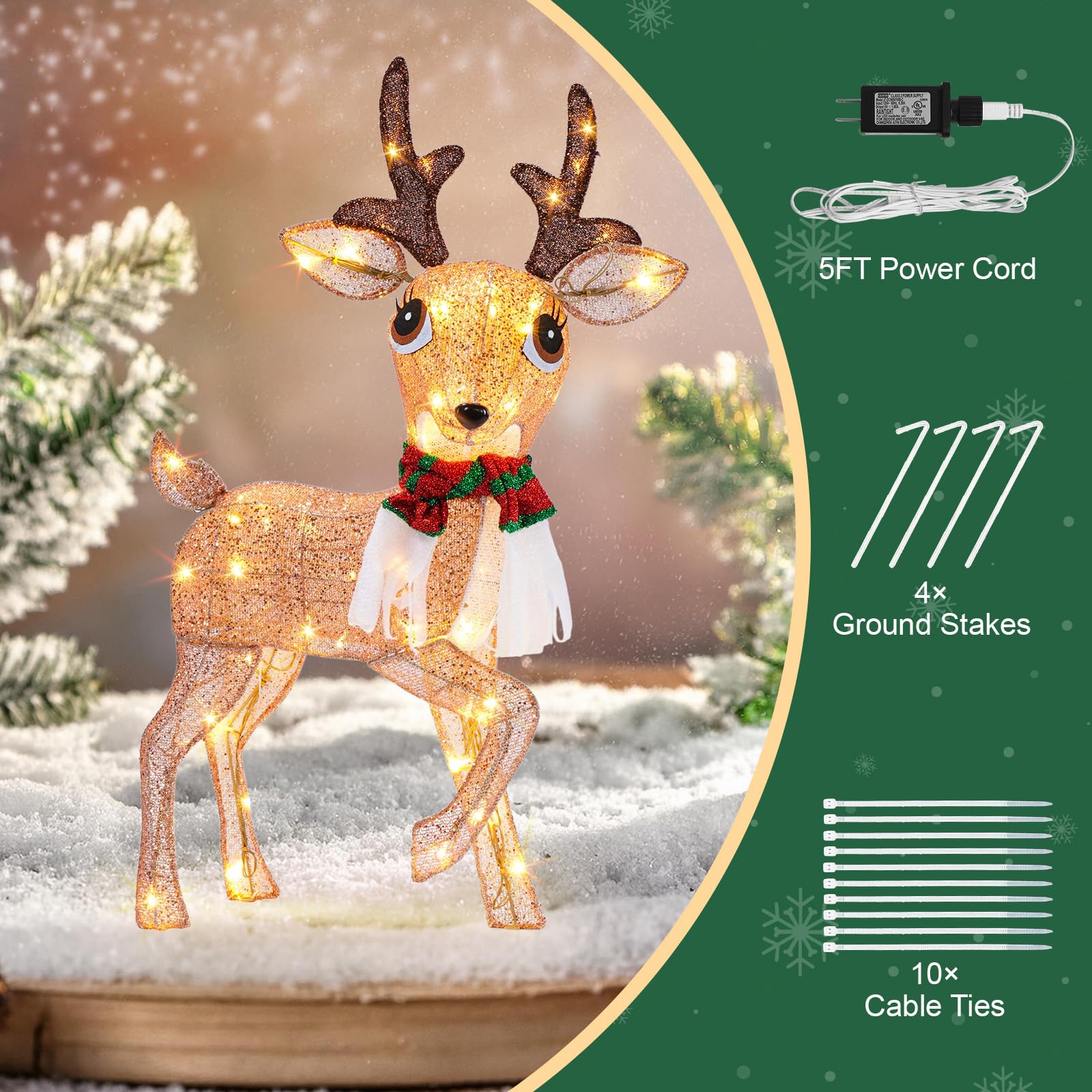 37 Inch Lighted Christmas Deer, 60 LED Pre-lit Lighted Christmas Deer Outdoor Decorations, Plug-in Deer Christmas Decor for Yard