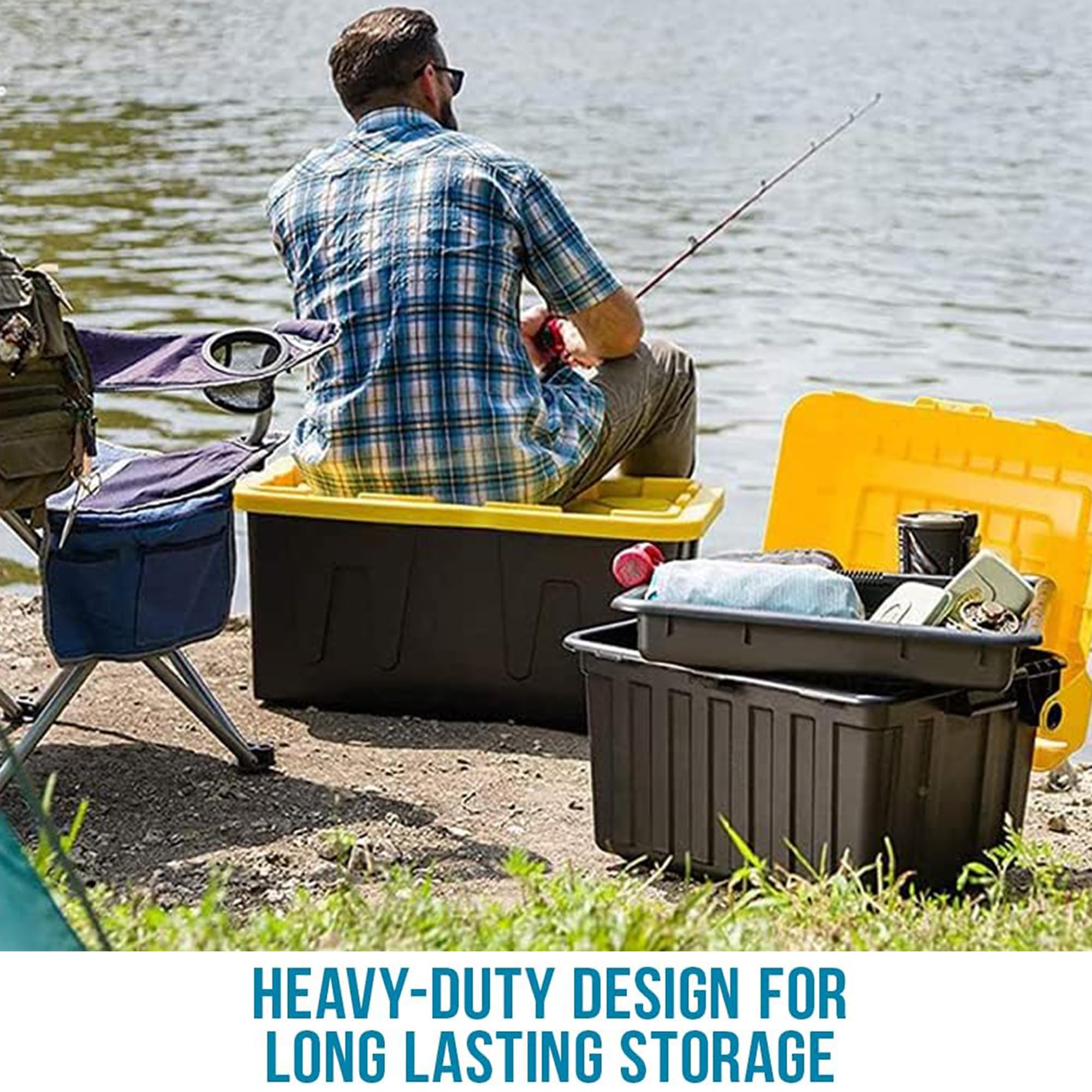 Homz 15-Gallon Durabilt Plastic Stackable Storage Organizer Container W/Snap Lid And Hasps For Tie-Down Straps Or Locks, Black/Y