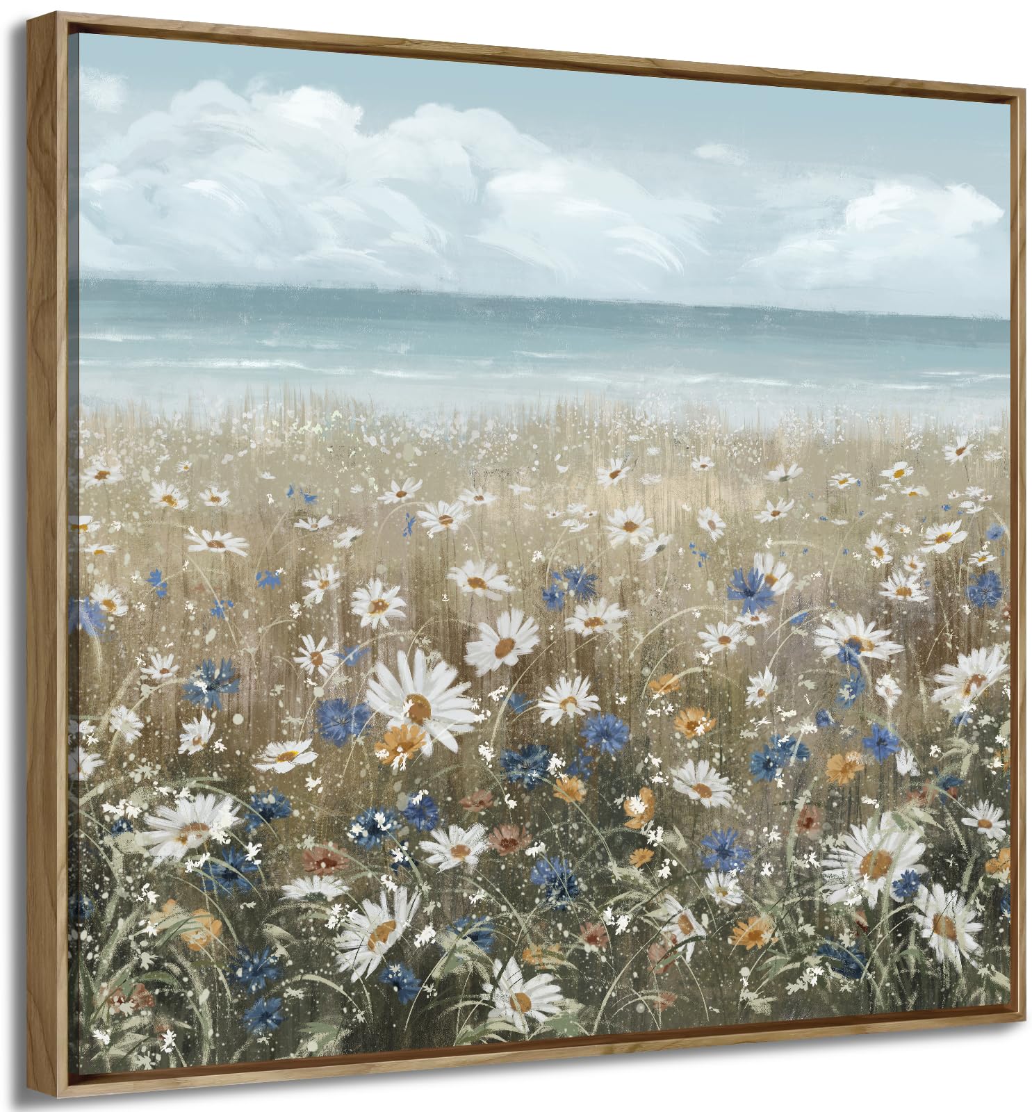 Framed Wall Art For Bedroom D  Cor Farmhouse Boho Beach Coastal Vintage Floral Ocean Wall Picture Daisy Flowers Sea Canvas Print