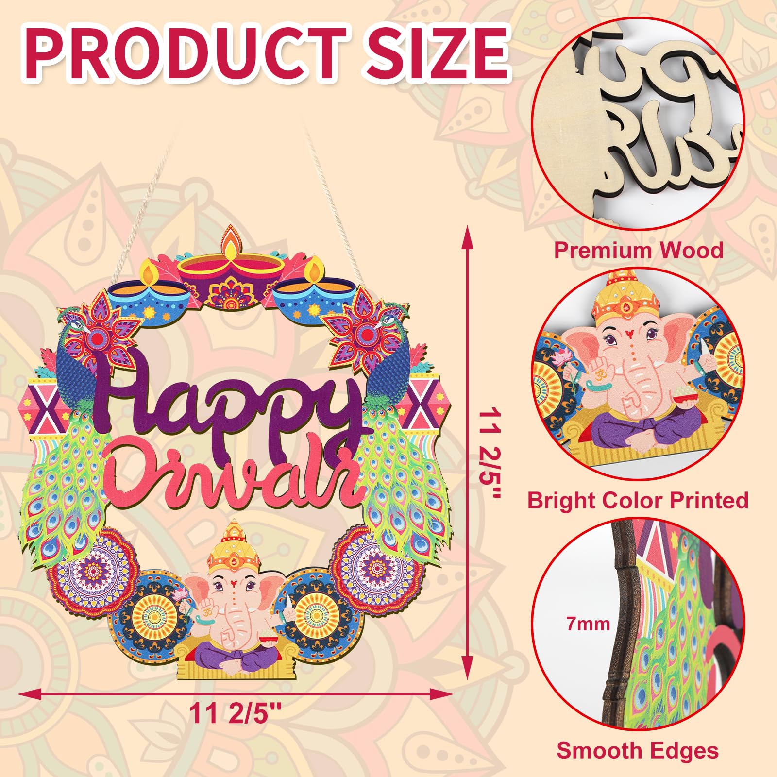 COCHIE Happy Diwali Sign Door Decorations, Indian Festival of Light Wood Wreath for Front Door Porch Window Wall Hanging Decor,