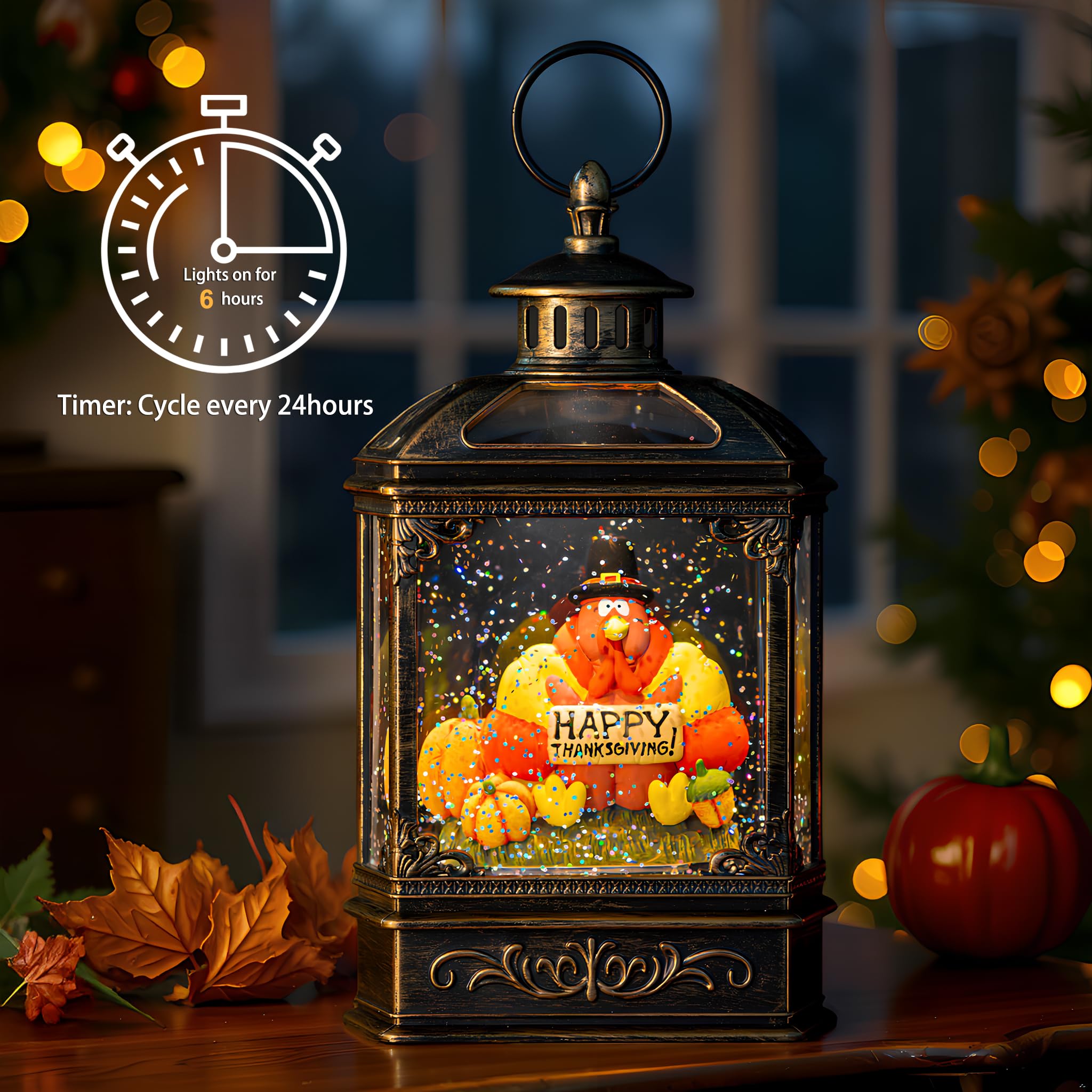 Fall Snow Globe Lantern - Thanksgiving Glittering Lighted Water Lantern, Fall Decorations Autumn Harvest Day Gifts, Table Home F