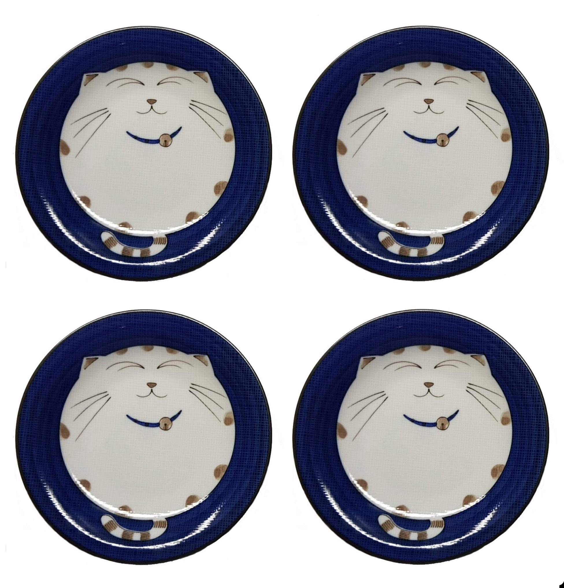 Japanbargain 2560X4, Set Of 4 Japanese Round Porcelain Appetizer Plate For Dessert Cake Snack Maneki Neko Smiling Lucky Cat Patt