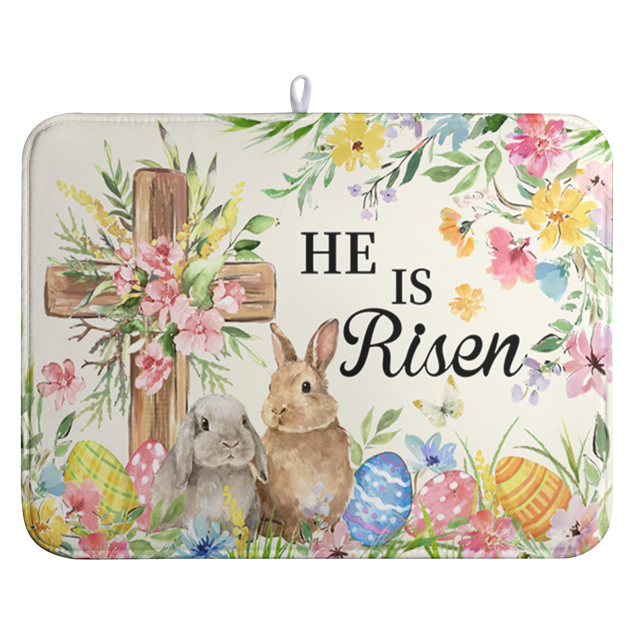 Wnoesat Easter He Is Risen Bunny Dish Drying Mat for Kitchen Counter Spring Easter Cross Floral Eggs Drying Pad 18x24 In Microfi