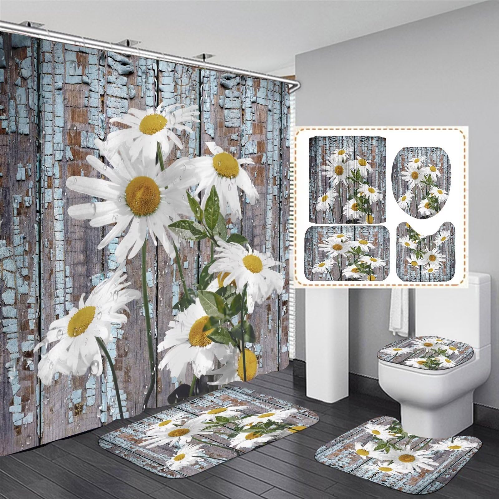 Azhm White Daisy Flower Shower Curtain Sets 4 Pcs Rustic Farmhouse Bathroom Decor Set With Shower Curtain And Rugs And Accessori