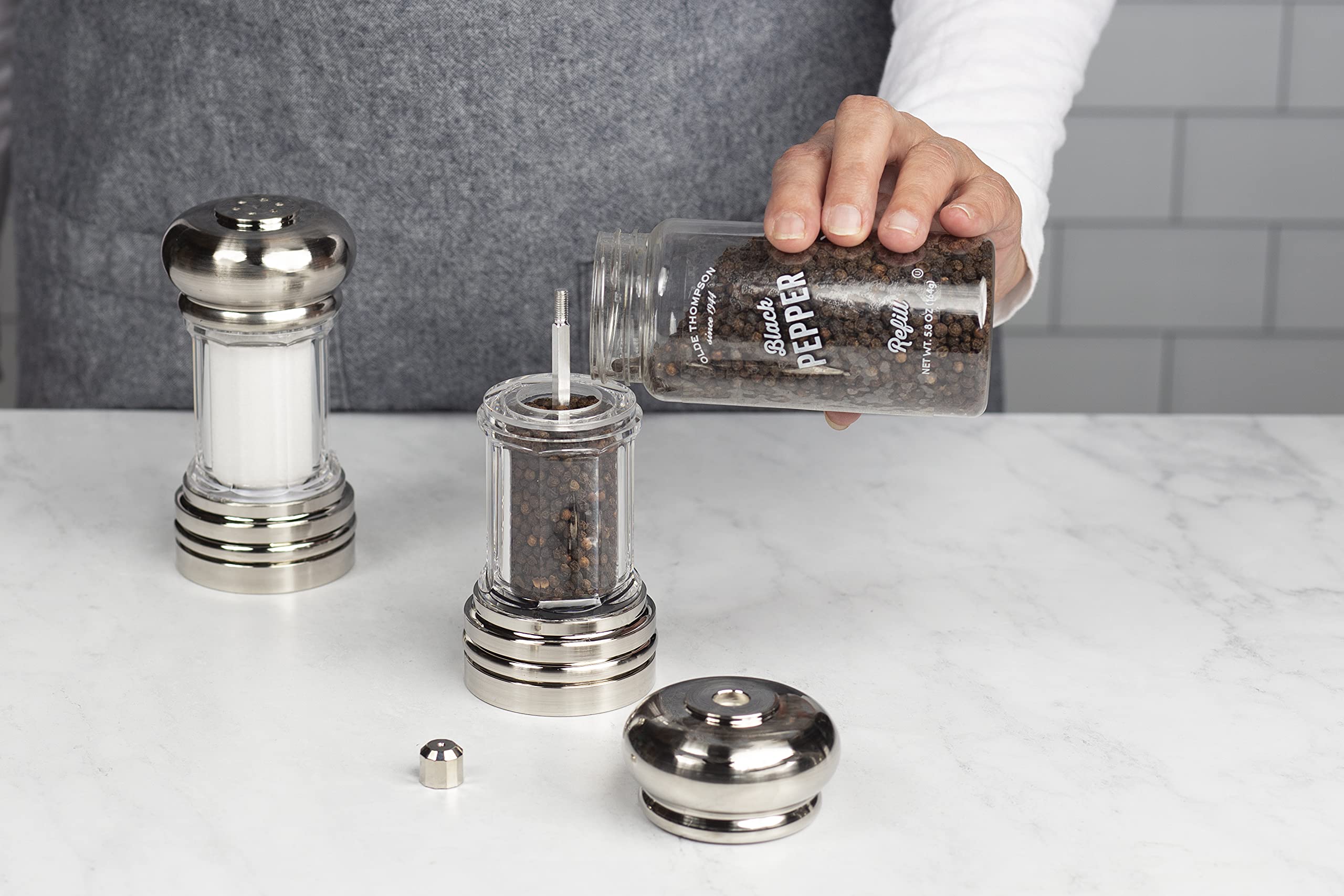 Olde Thompson - 7 Brushed Nickel Pepper Mill & Salt Shaker Set - Pre-Filled With Peppercorns And Pure Ocean Sea Salt, Fully Adju