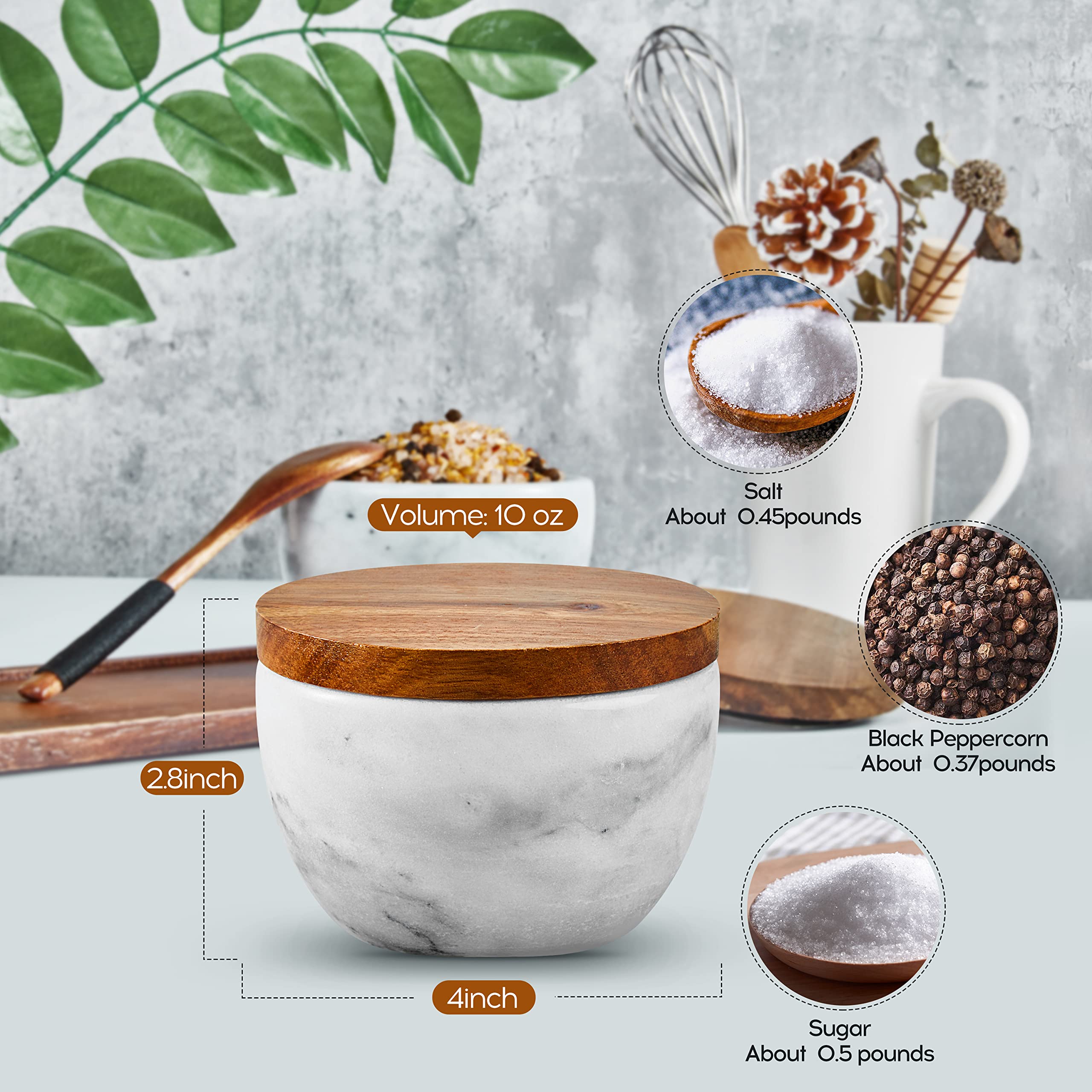 MarcZero Large Salt Box Spice Seasonings Keeper Pepper Container Marble Base with Wooden Cover Salt Cellar Big Capacity Elegant Design (White)