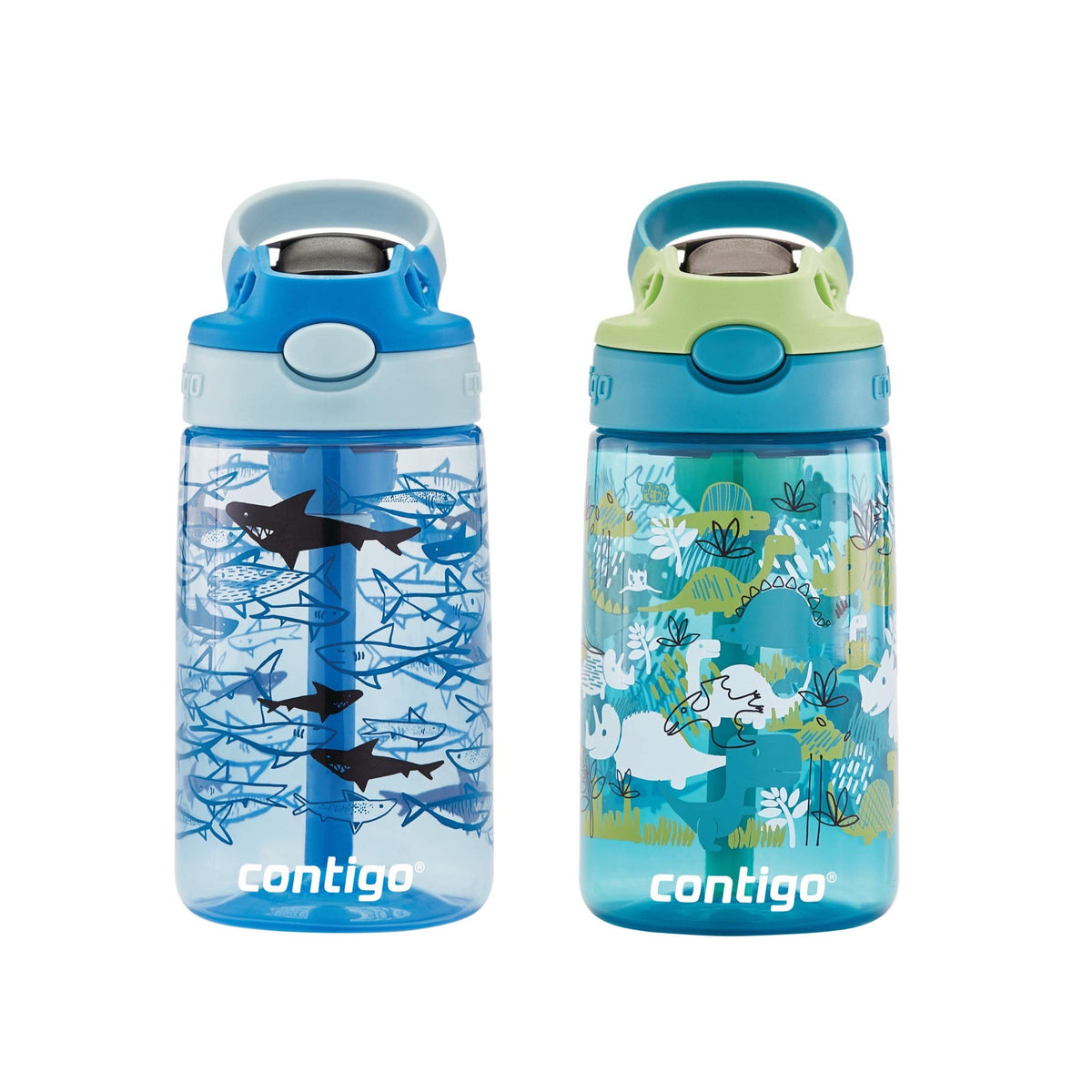 Contigo Aubrey Kids Dinos & Sharks, Cleanable Water Bottle With Silicone Straw, Spill-Proof Lid, Dishwasher Safe, 14Oz 2-Pack