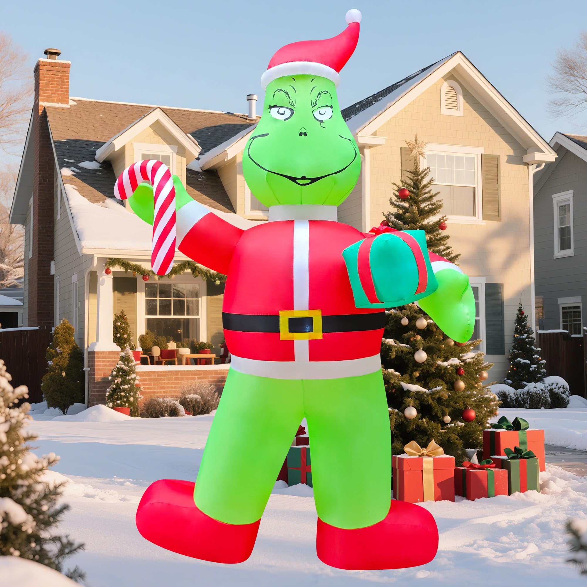 12ft Giant Christmas Inflatables Outdoor Decorations Blow up Santa Green Monster with Gift Box,Candy Cane, LED Lights for Yard D