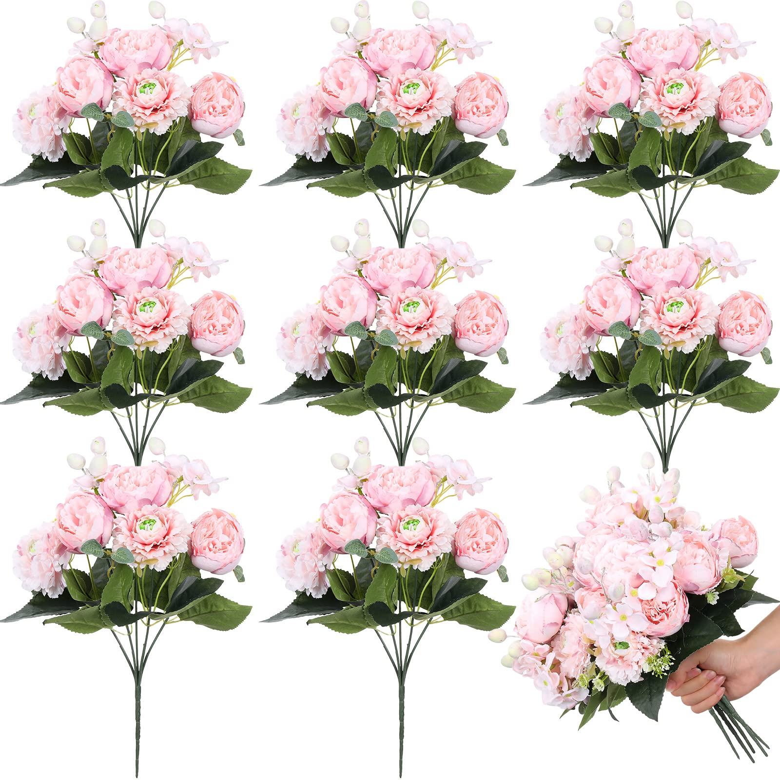 Crowye 8 Bouquets Wedding Silk Peony Hydrangea Flowers Vintage Artificial Flower with Stems Elegant Faux Flowers for Decoration 