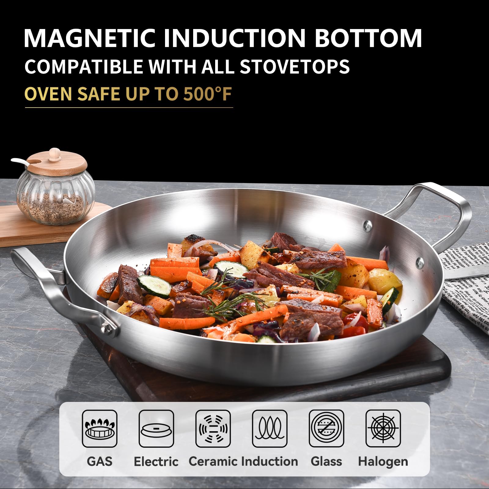 Inqibee 14-Inch Tri-Ply Stainless Steel Paella Pan, Large Skillet,Griddle Pan,Large Frying Pan,Jumbo Cooker,Induction Cookware,D