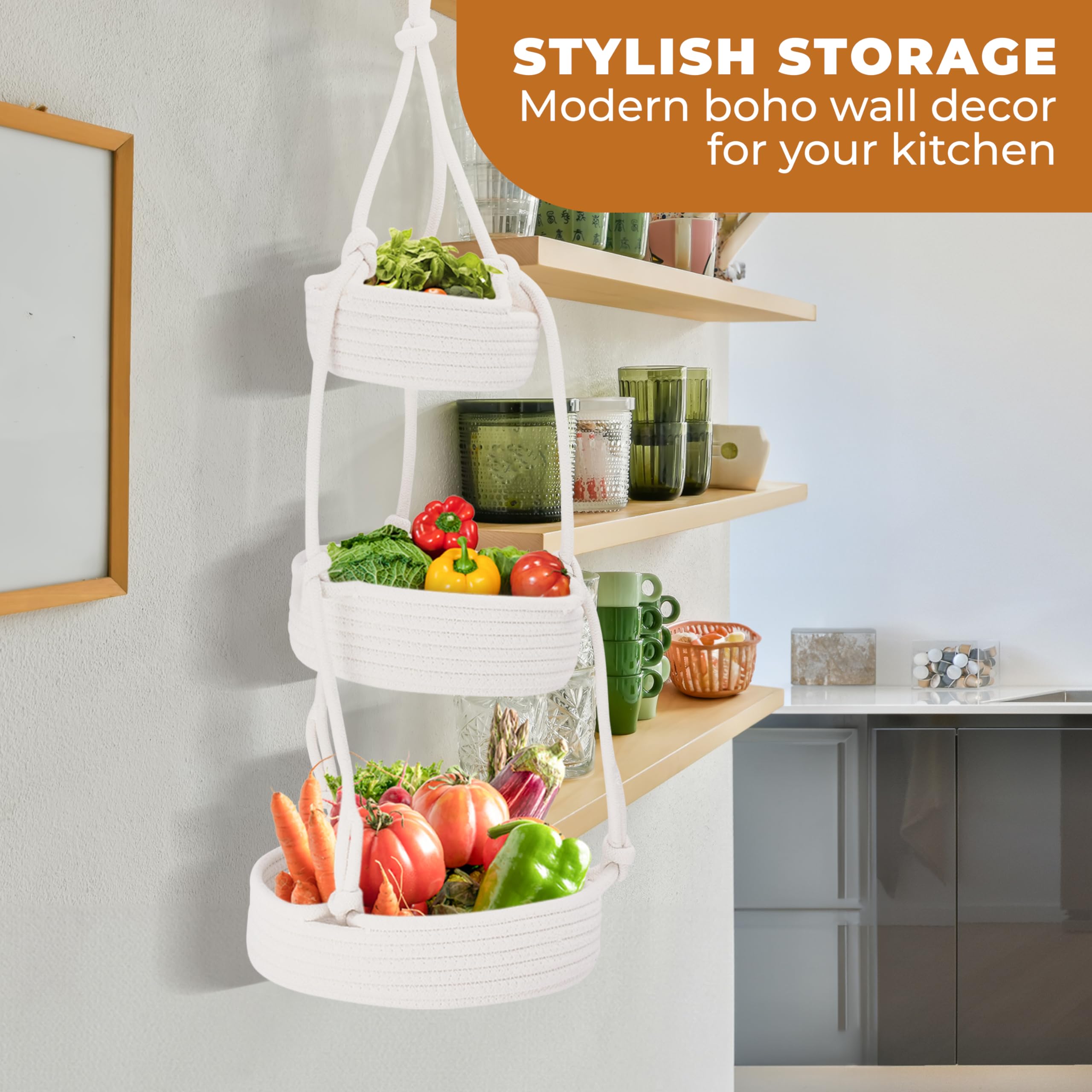 Regal Trunk Hanging Fruit Baskets For Kitchen - 3 Tiers Fruit Baskets Hanger - Macrame Fruit Hammock - White Boho Wall Decor - P