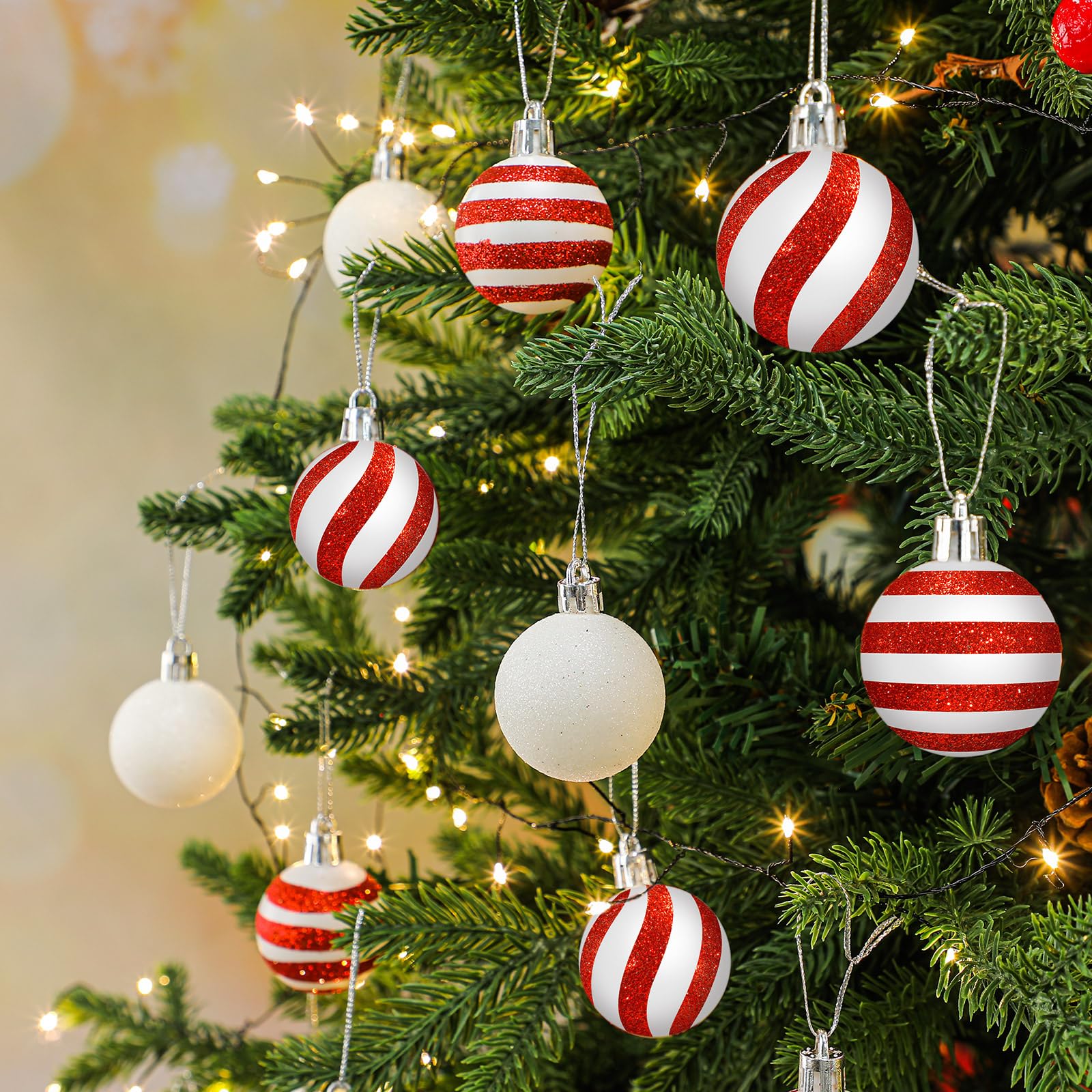 Motionchic 24 Pcs Christmas Ball Ornaments Hanging Glitter Shatterproof Mini Candy Balls Red and White Plastic Christmas Tree De