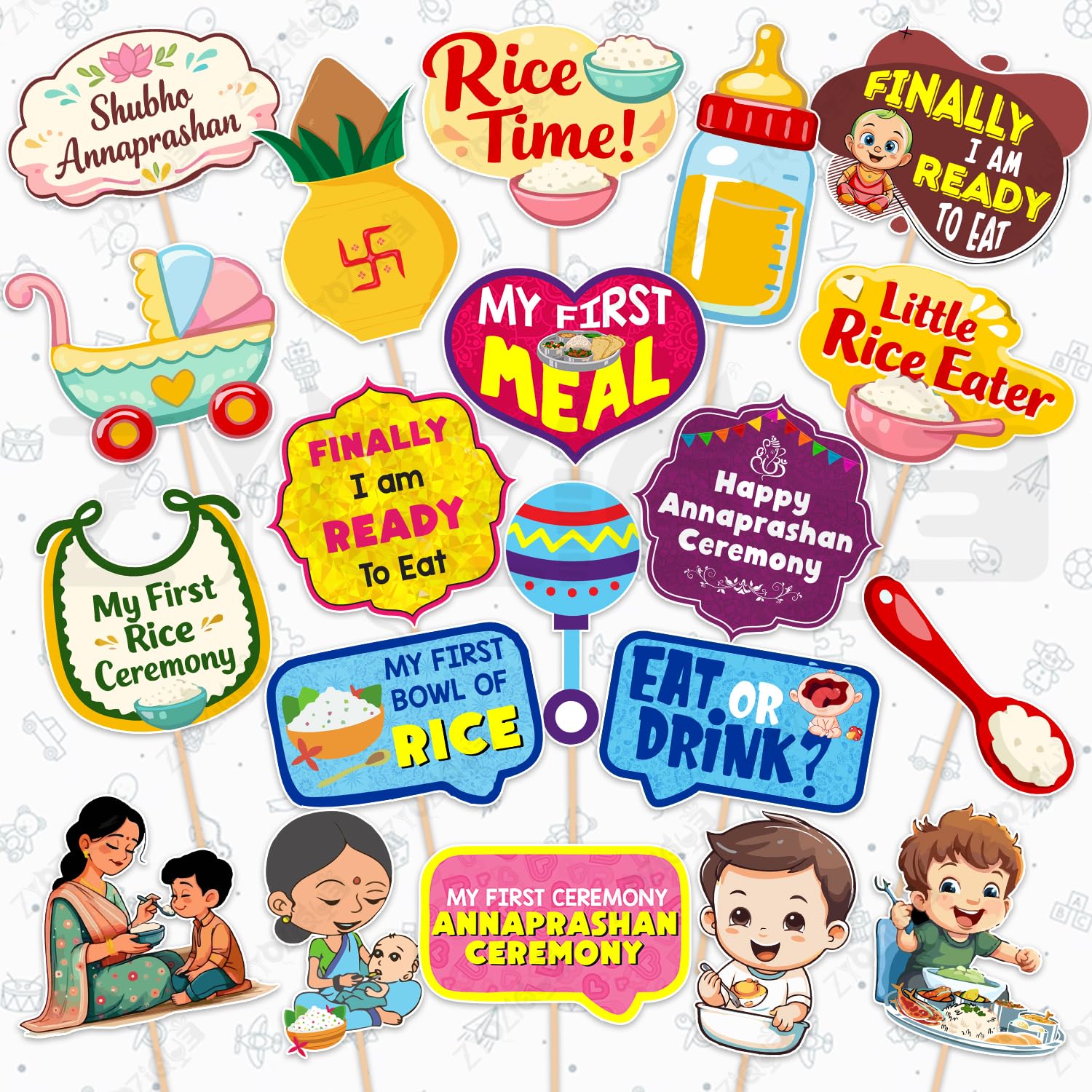 Zyozique Annaprashan Ceremony Theme Photo Booth Props, Rice Ceremony Theme, My First Meal Party Decorations, Rice Ceremony Decor