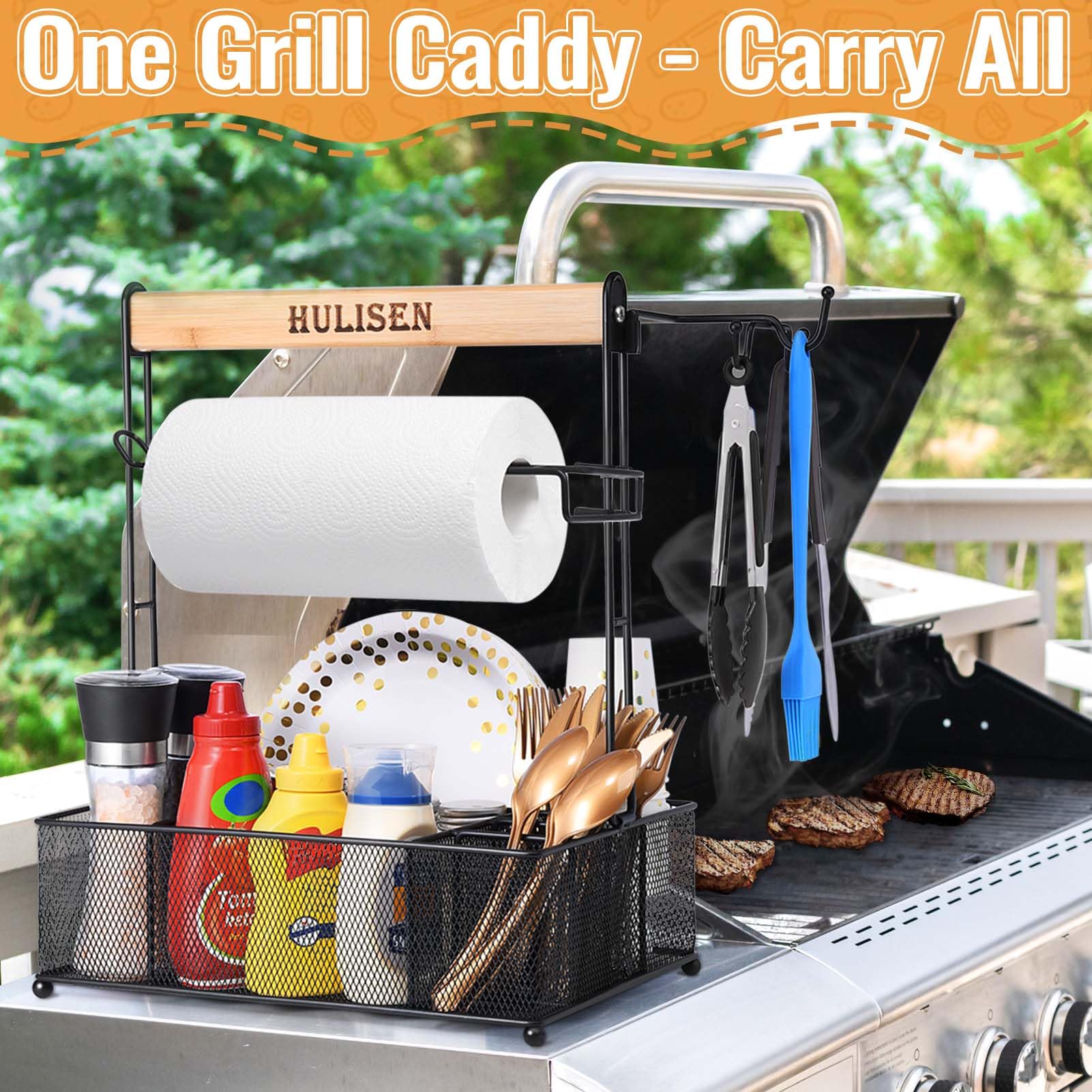 Hulisen Grill Caddy, Bbq Caddy With Paper Towel Holder, Utensil Caddy For Plates And Utensils, Picnic Condiments Caddy For Barbu