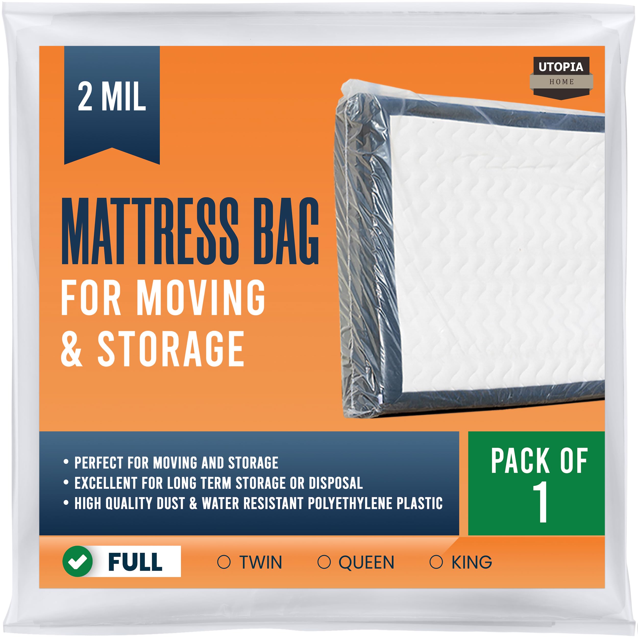 Utopia Home Mattress Bag For Moving Full Size (Pack Of 1), 2 Mil Thick Mattress Storage Bag, Plastic Mattress Cover, Fits Mattre