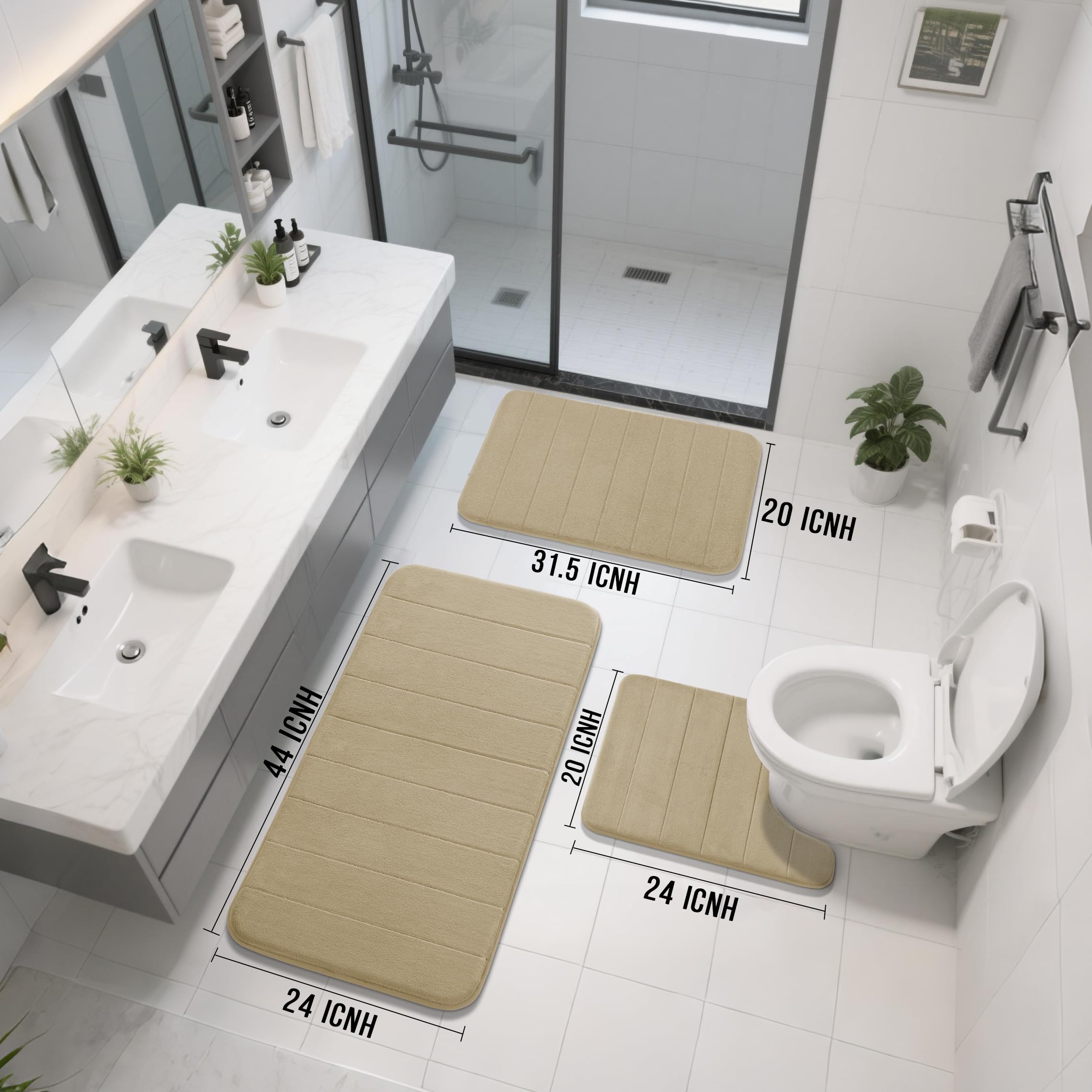Yimobra 3 Pieces Memory Foam Bath Mat Sets  44.1x24 + 31.5x19.8 and U-Shaped for Bathroom Rugs  Toilet Mats  Non-Slip  Soft Comfortable  Water Absorption  Machine Washable  Camel