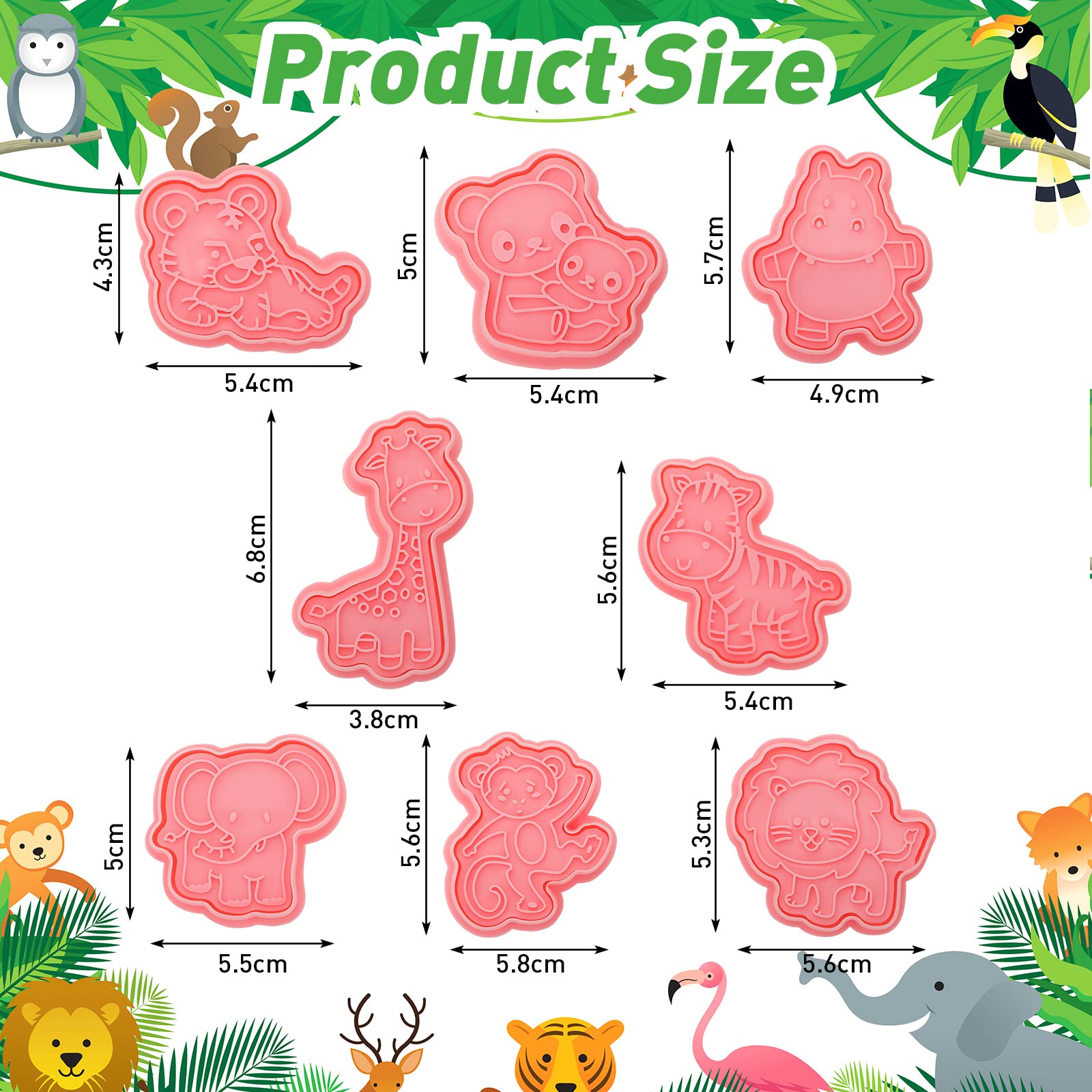 Cunhill Jungle Animal Cookie Cutters Set – 8 Pcs 3D Safari Plastic Stamps in Pink for Baking & DIY Fondant Crafts