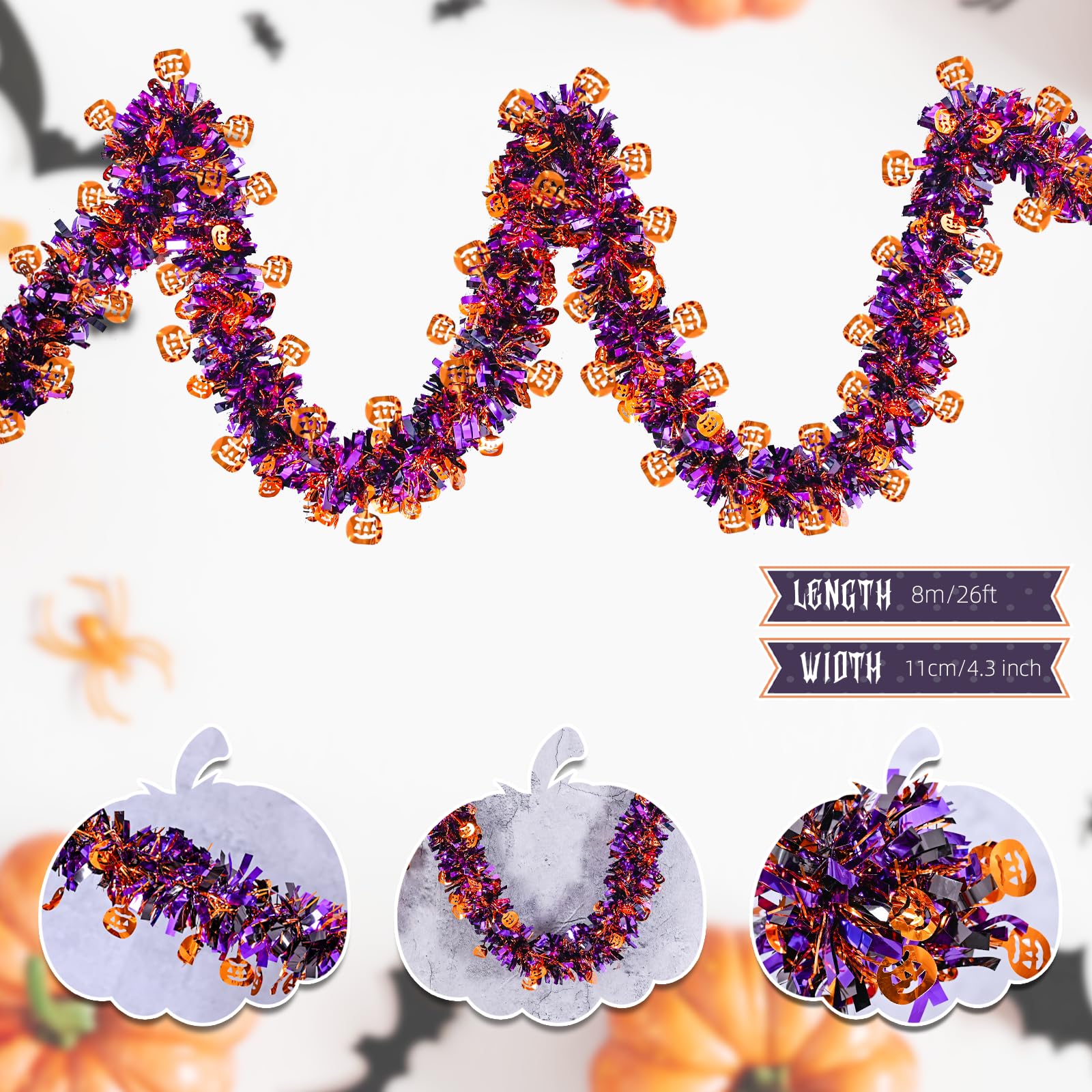 Mega-L Halloween Decorations, 27FT Halloween Tinsel Garland with Orange Pumpkin, Hanging Streamer Shiny Metallic Twist Garland f
