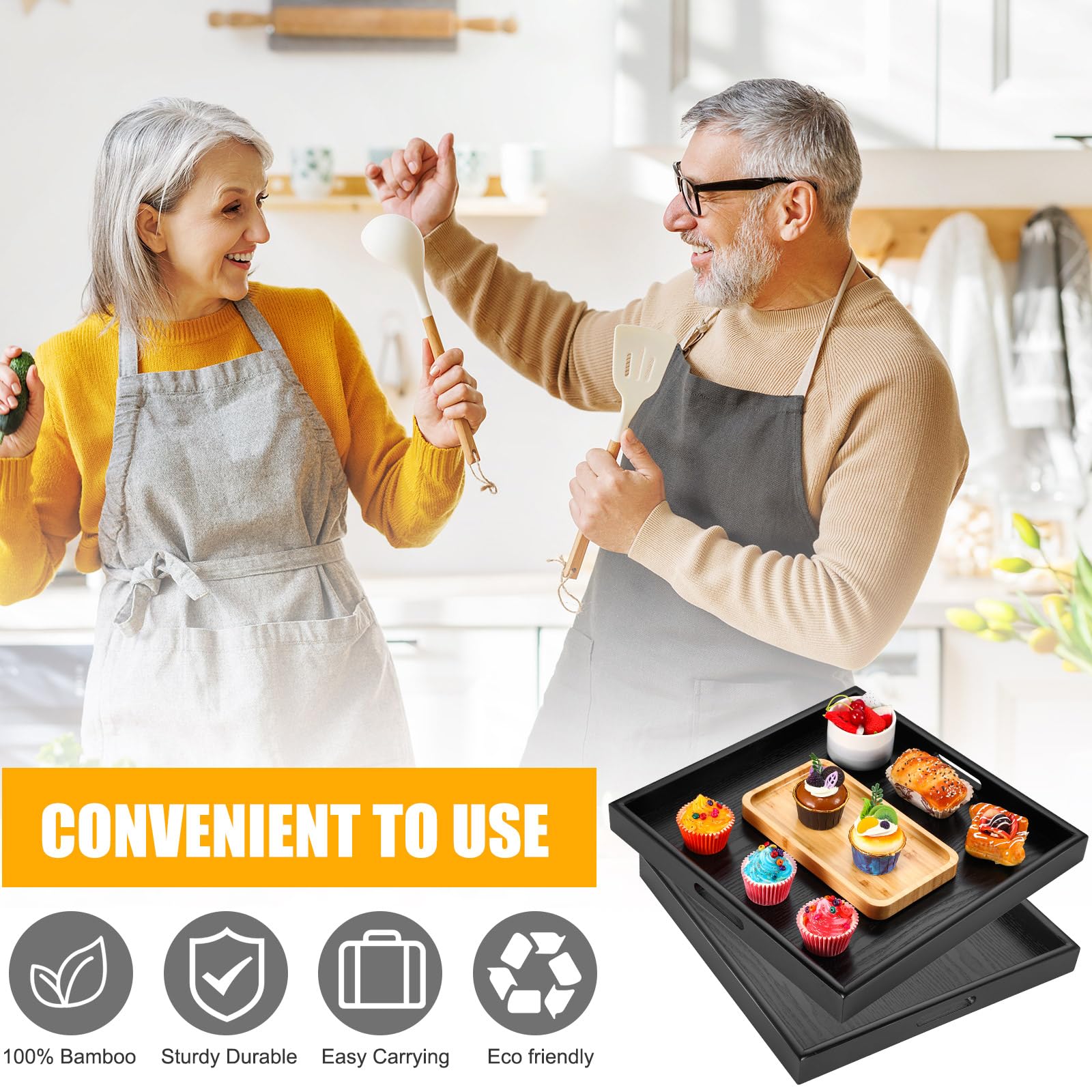 Mumufy 2 Pcs Square Large Ottoman Tray 16 X 16 Inch Extra Large Wood Serving Tray With Handle Black Ottoman Tray Ottoman Decorat