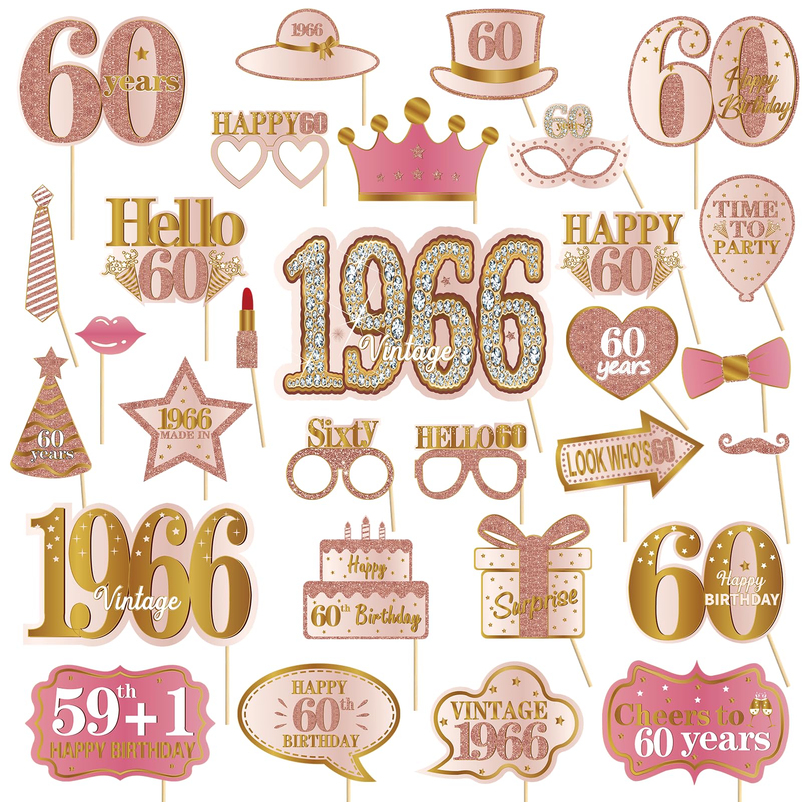 Kuxriox 30Pcs 60th Birthday Photo Booth Props for Women, Pink Rose Gold Vintage 1965 60 Birthday Selfie Props Kit with Sticks Pa