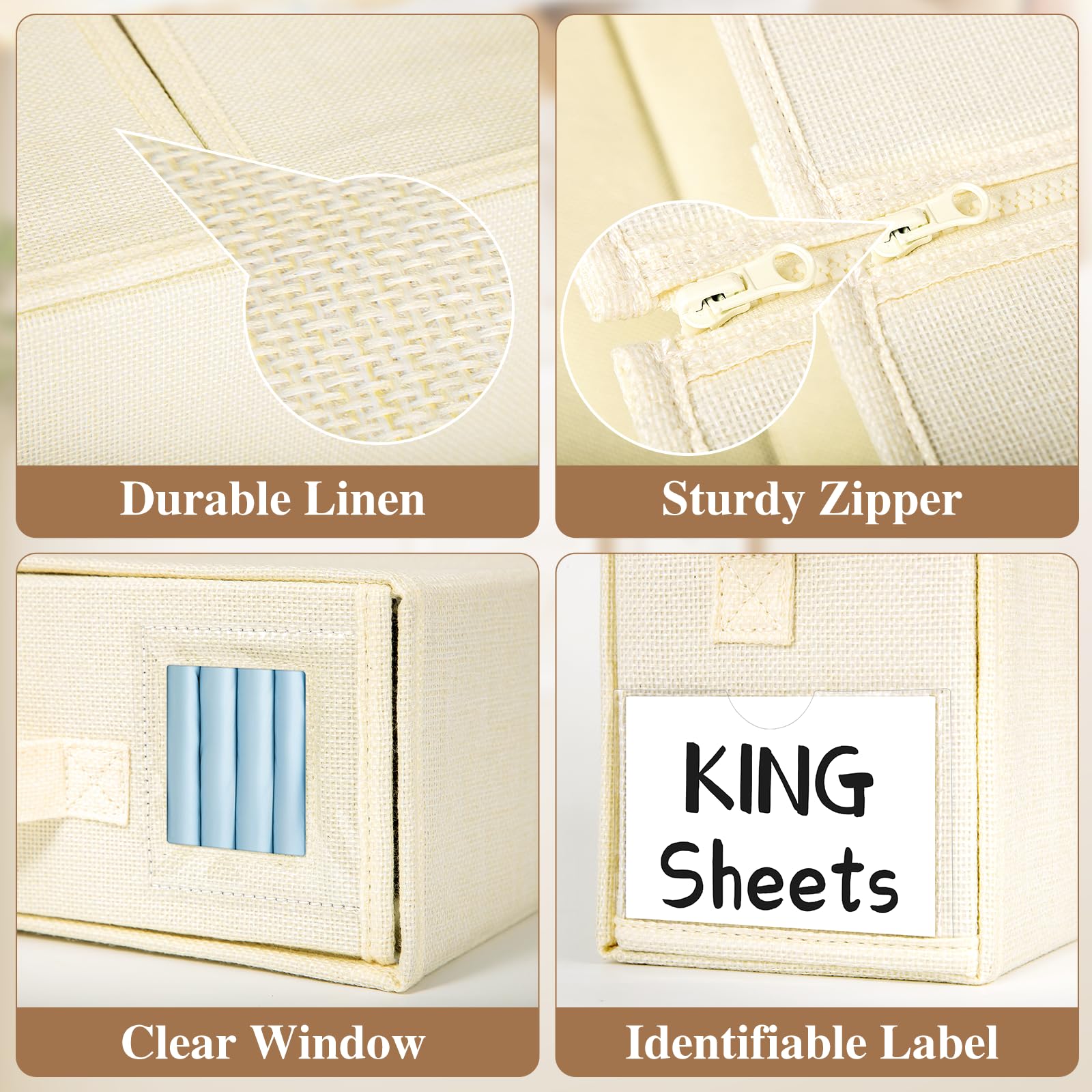 BUFOR Sheet Organizer for Lien Closet, Foldable Bed Sheet Organizers and Storage, (Queen & King Size) Sheet Storage Box (Beige,
