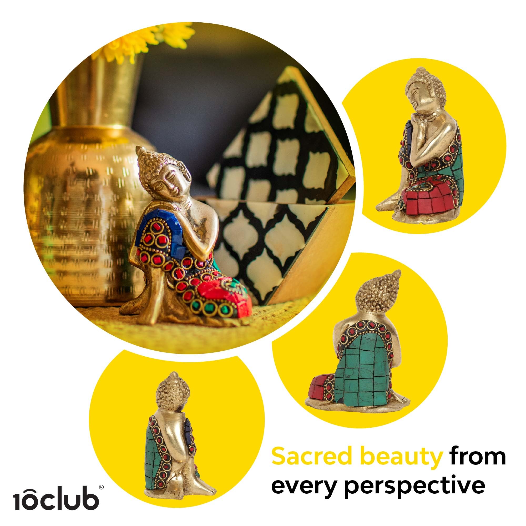 10Club Lord Buddha Idol - 1Pc (9.6 cm, 500 Grams) - 100% Pure Brass | Buddha Statue for Home Decor | Ideal for Gifting | Figurin