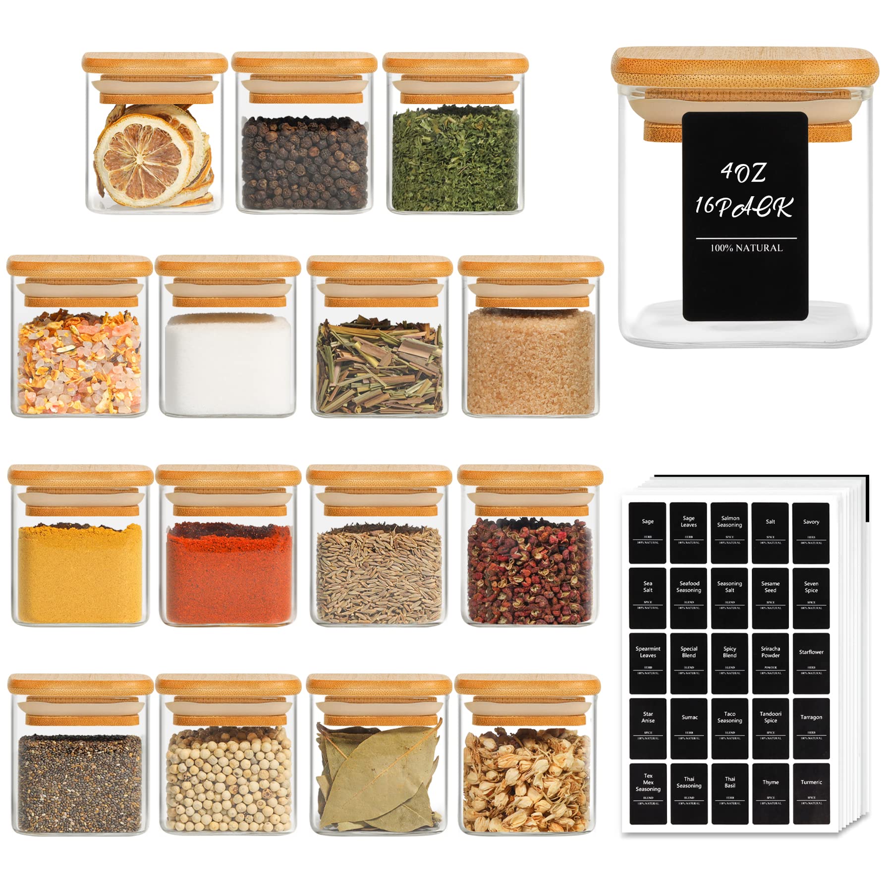 Comsaf 16Pcs Glass Spice Jars With Bamboo Lid, 4Oz Airtight Square Spice Containers With 275 Black Lables, Empty Seasoning Jars