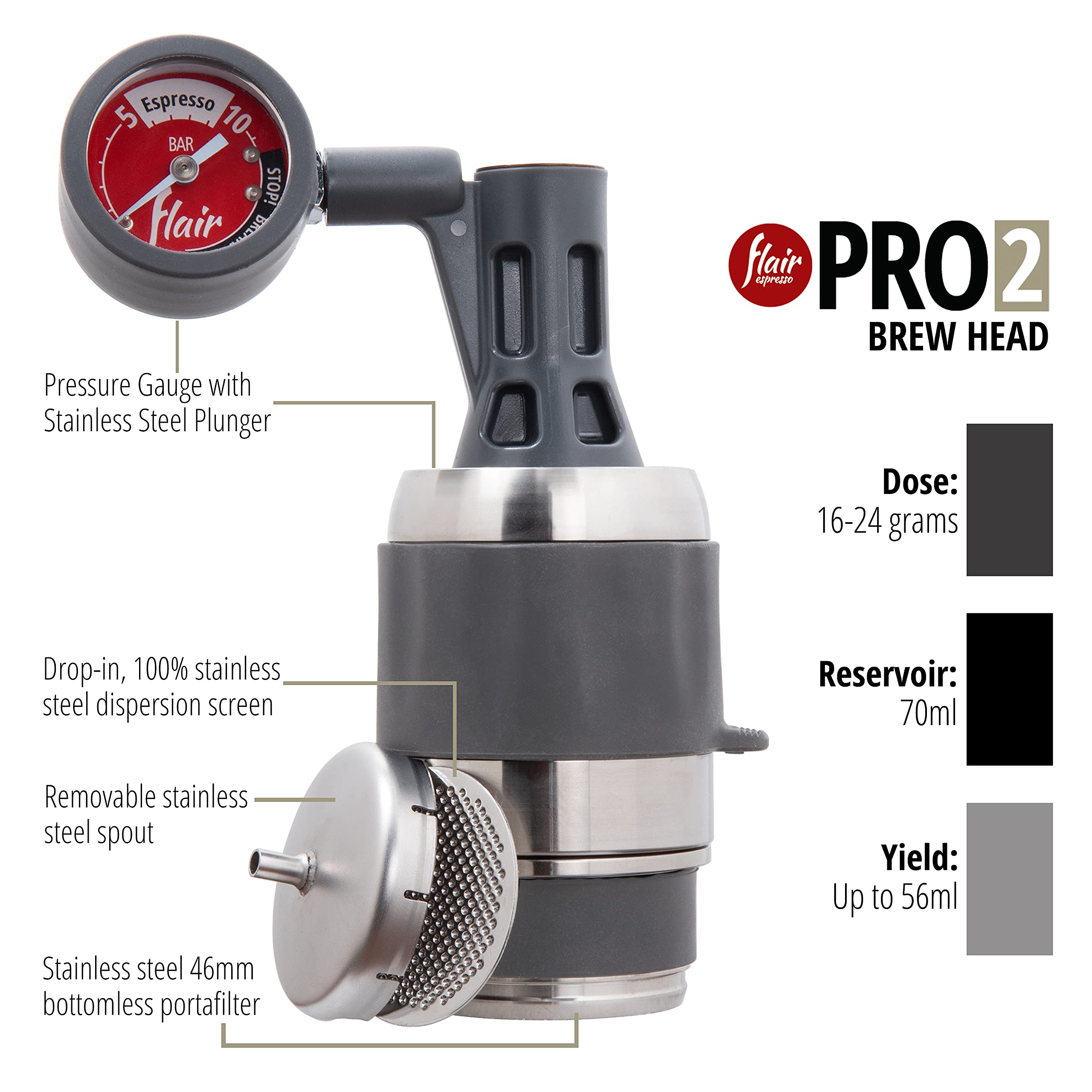 Flair Espresso Maker Pro 2 (Black) - An All Manual Lever Espresso Maker With Stainless Steel Brew Head And Pressure Gauge