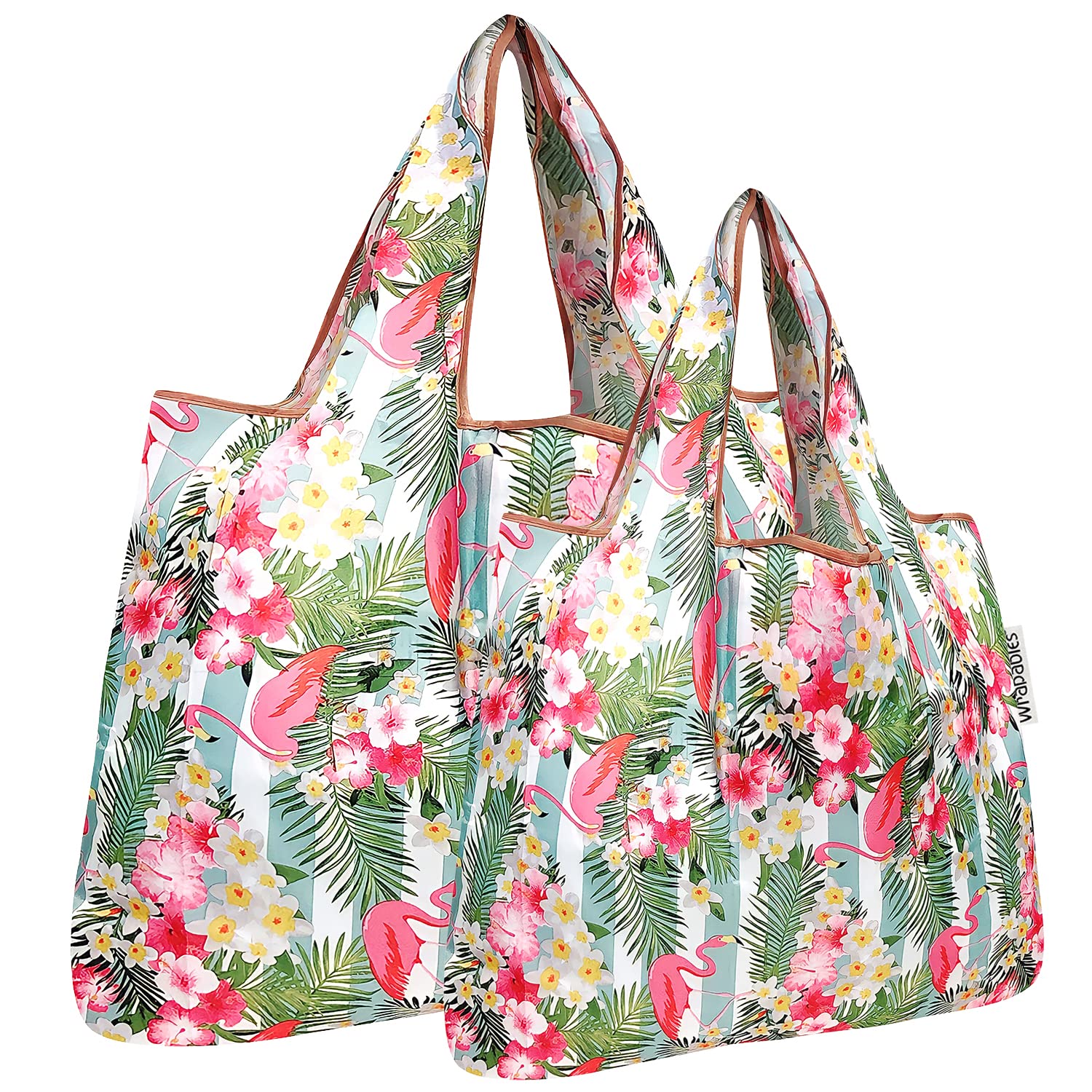 allydrew Large & Small Foldable Tote Nylon Reusable Grocery Bags, Set of 2, Flamingos & Tropical Flowers