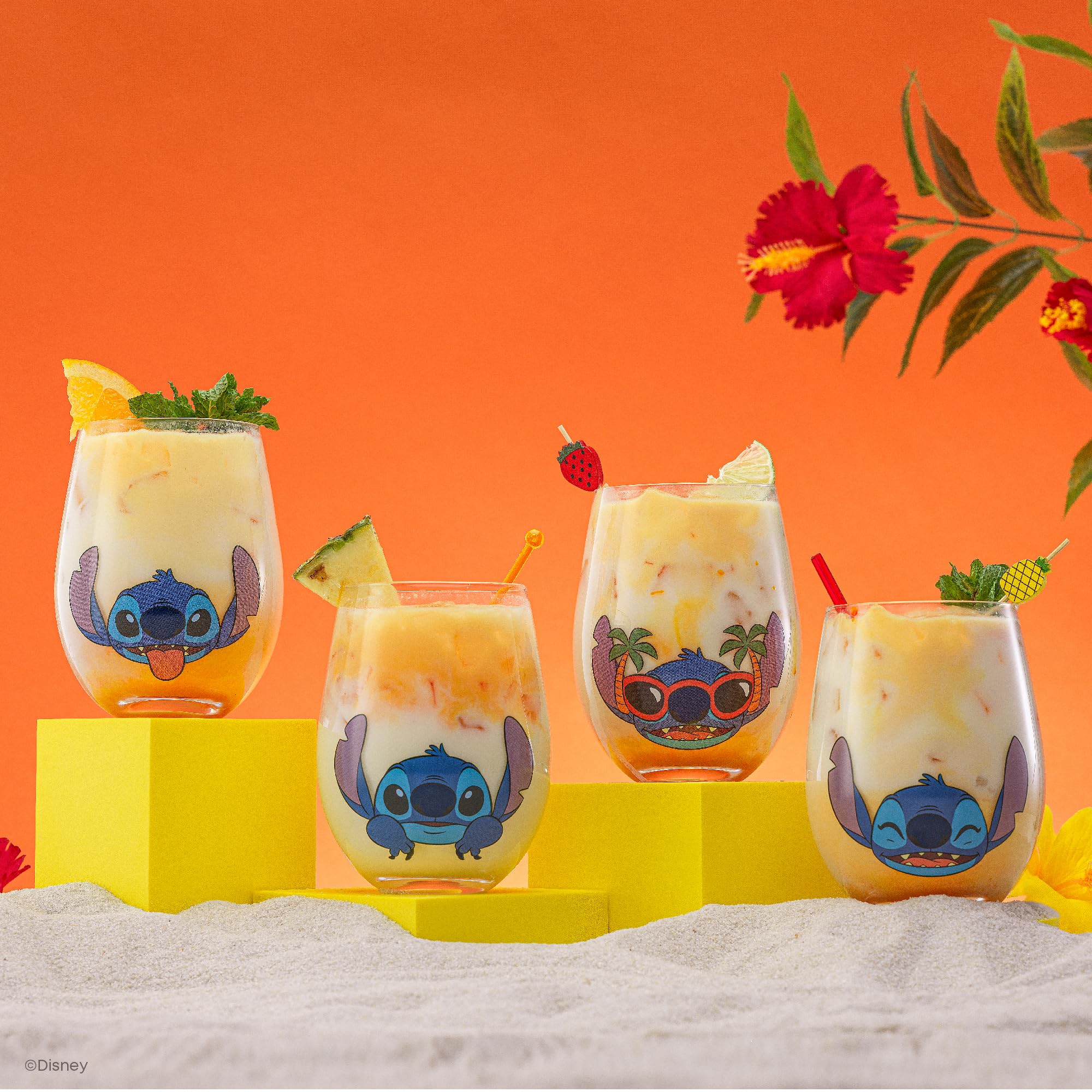 JoyJolt Disney Stitch Silly Sips Stemless Drinking Glasses, 19oz Teardrop Glass Cups, Glass Tumbler Cup Set of 4, Stitch Stuff,