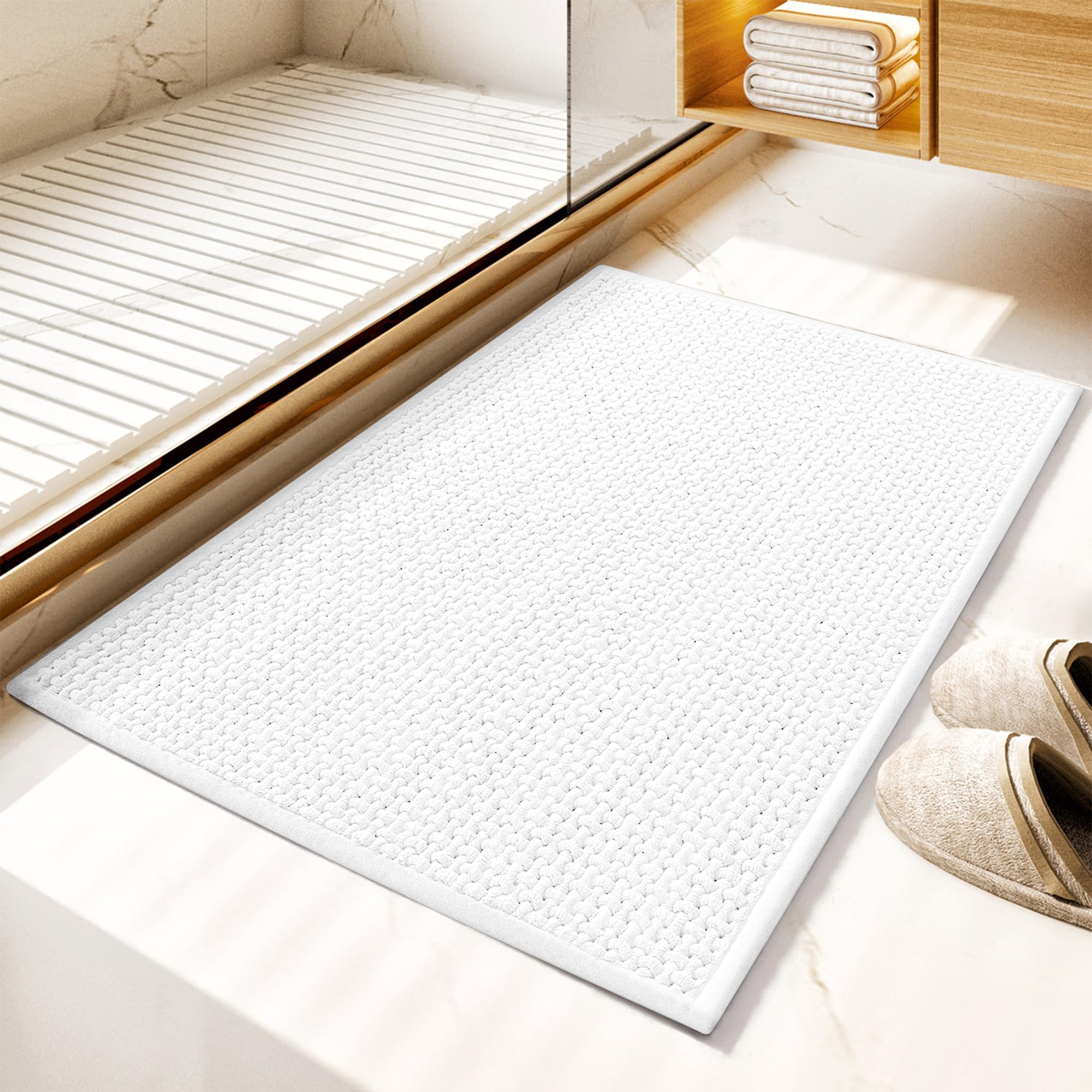 Granny Says White Bathroom Rugs Non Slip Washable, Absorbent Bath Mats For Bathroom, 32'' X 20'', Thin Chenille Bathroom Rug, Qu