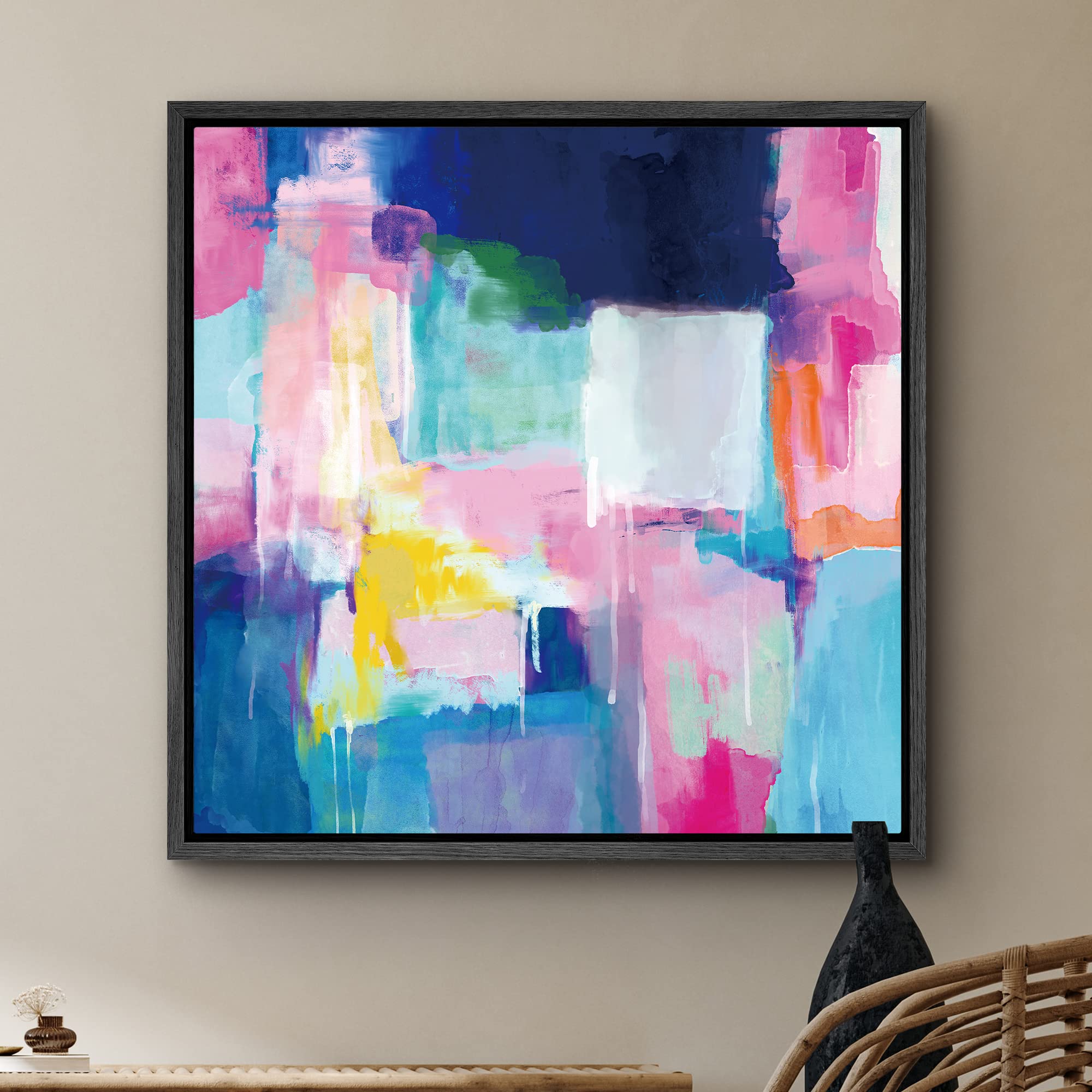 Signwin Framed Canvas Print Wall Art Pastel Pink, Teal, Blue & Orange Paint Strokes Abstract Shapes Illustrations Modern Art Rus