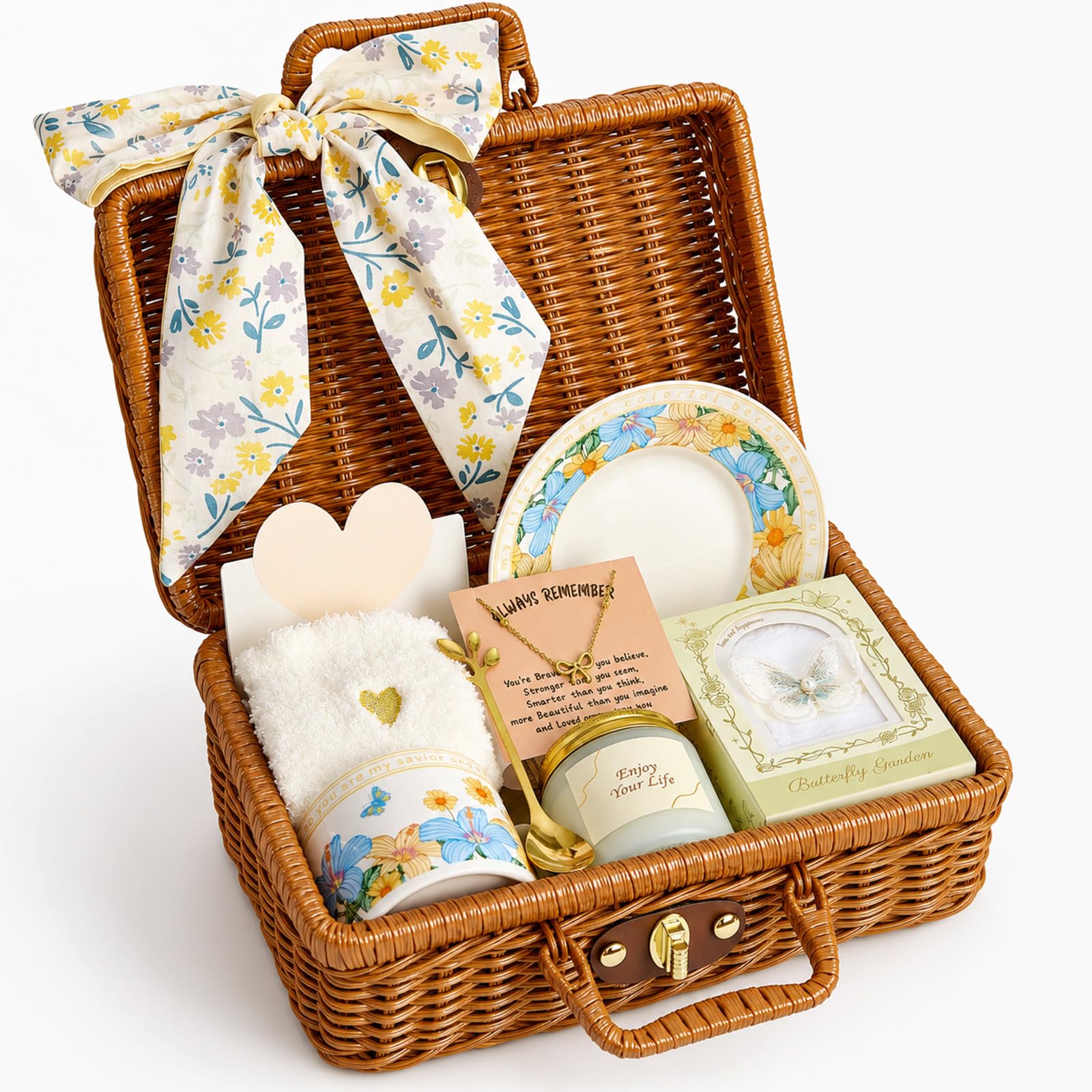 Golray Birthday Gifts for Women, Self Care Gift Basket with Mug, Spoon, Saucer, Cozy Socks, Towel, Necklace and Greeting Card, G