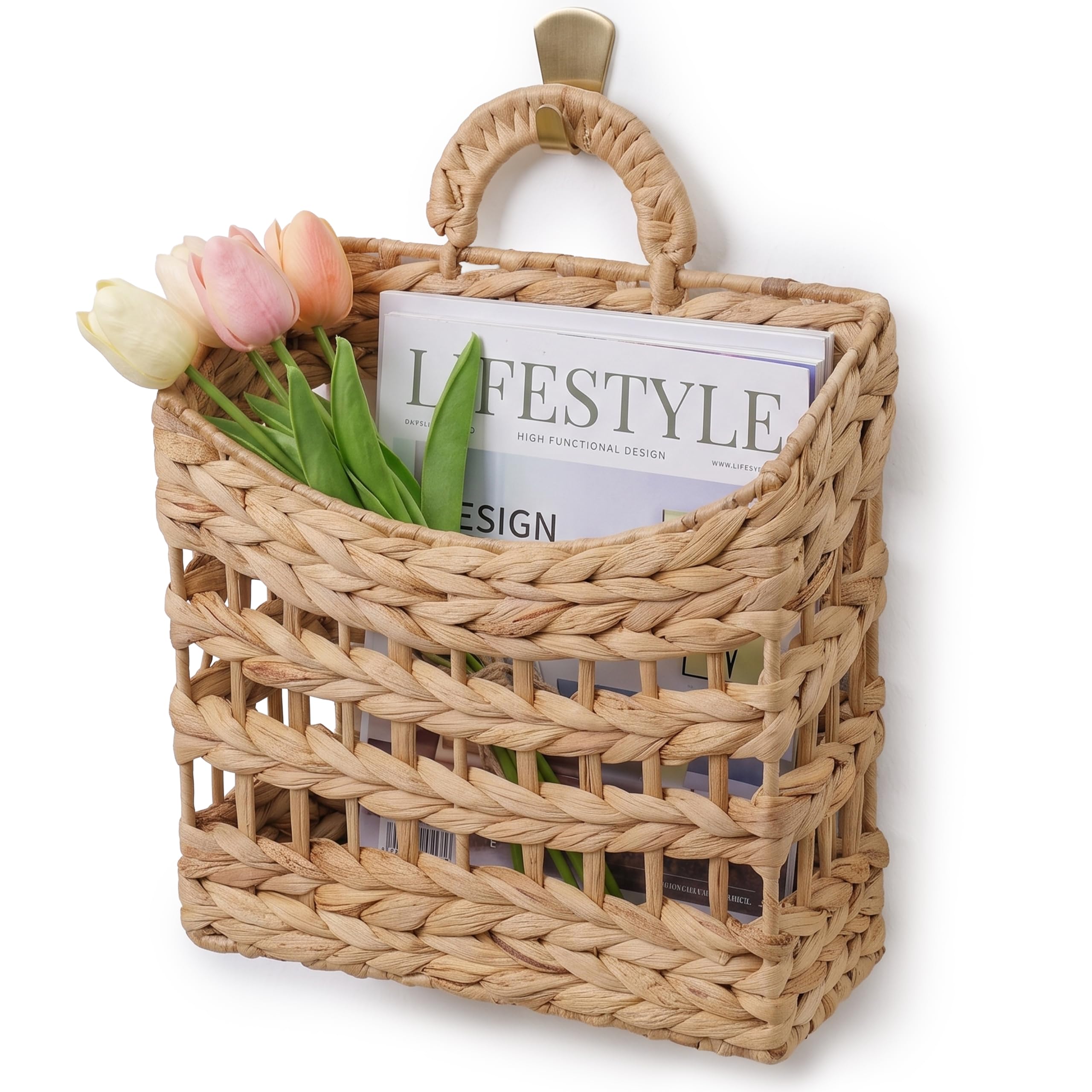 Handwoven Hanging Basket, Water Hyacinth Wall Basket for Storage and Decor