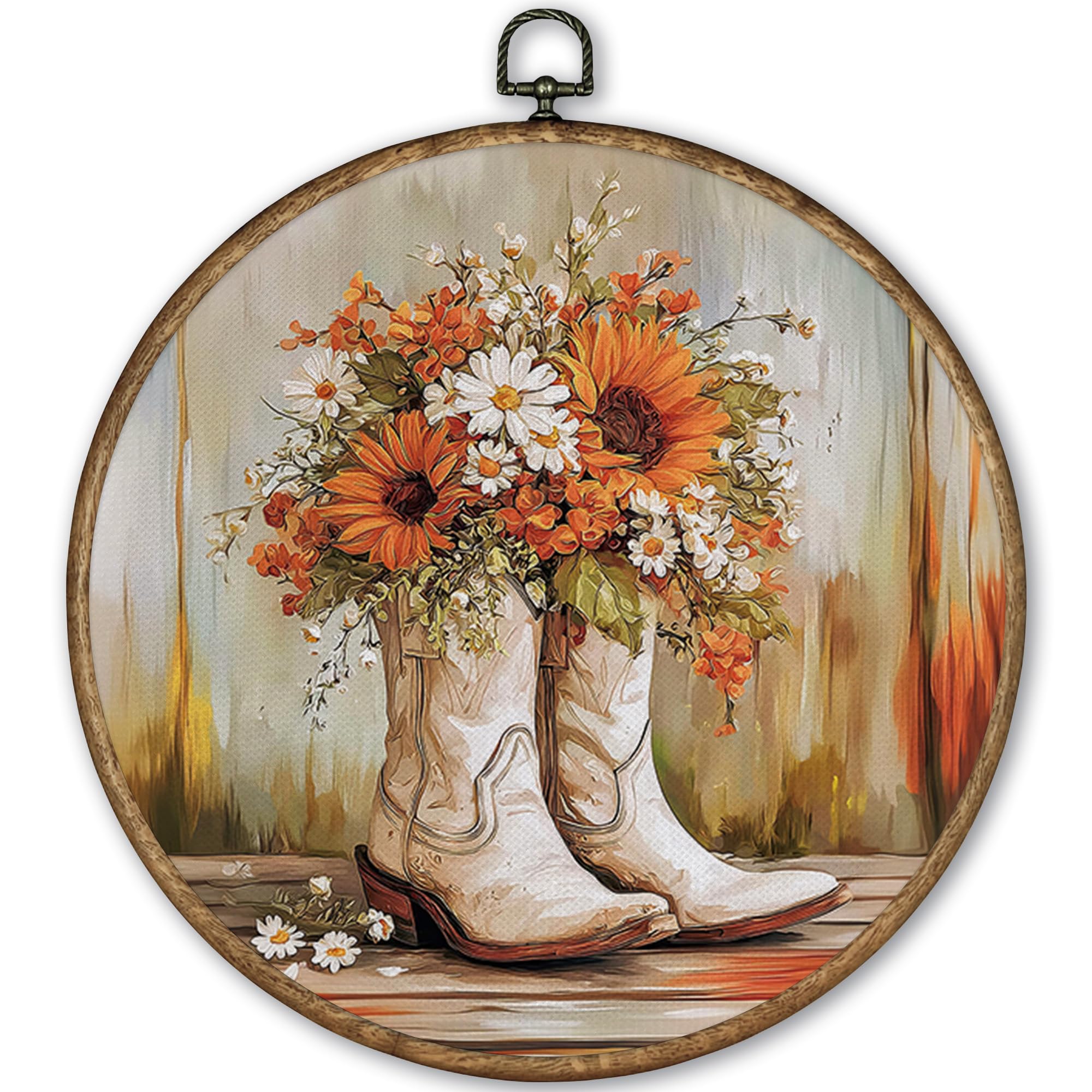 Tleske Orange Western Cowgirl Round Wall Art Framed 10X10, Fall Sunflower Canvas Wall Art Prints Artwork, Preppy Autumn Wall Han