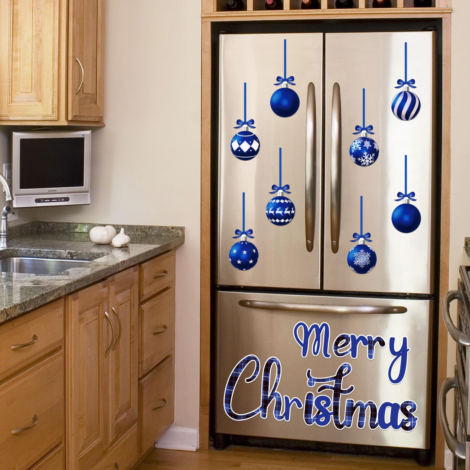 90shine 31PCS Christmas Garage Door Decorations Magnets - Merry Xmas Ball Holiday Refrigerator Fridge Kitchen Decor(Blue)