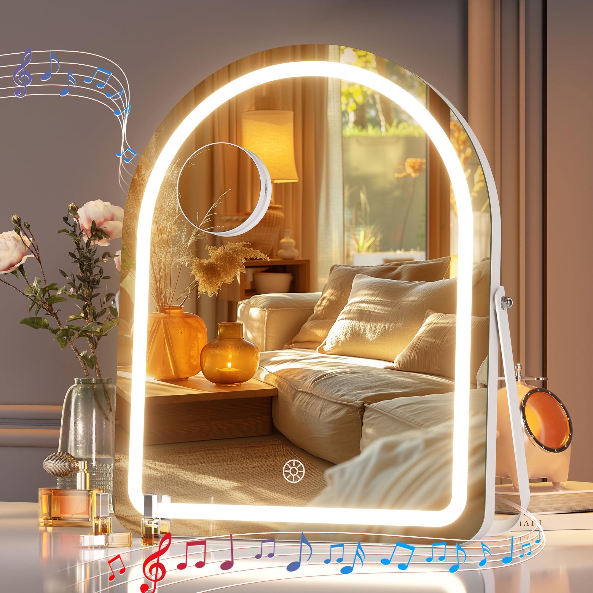 Hasipu Vanity Mirror With Lights And Bluetooth Speaker, 12''  14'' Arched Led Makeup Mirror, Lighted Makeup Mirror With Lights,