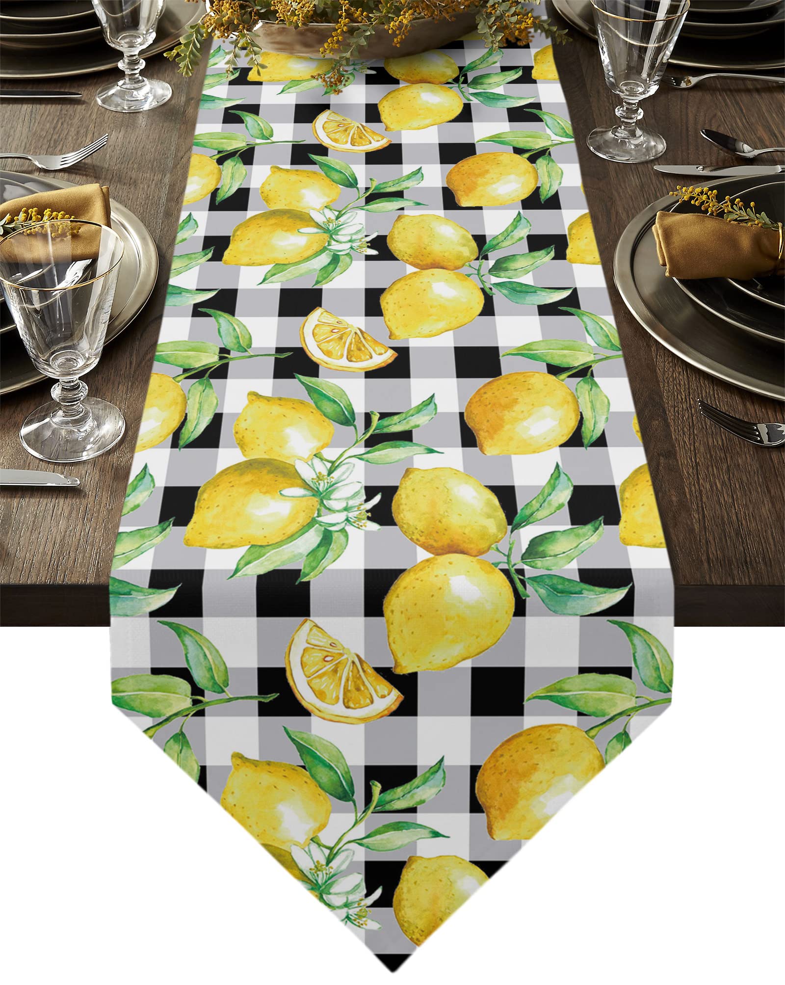 Linen Burlap Table Runner Spring Farmhouse Dresser Scarves, Yellow Lemon On Buffalo Plaid Table Runners For Family Dinner/Holida