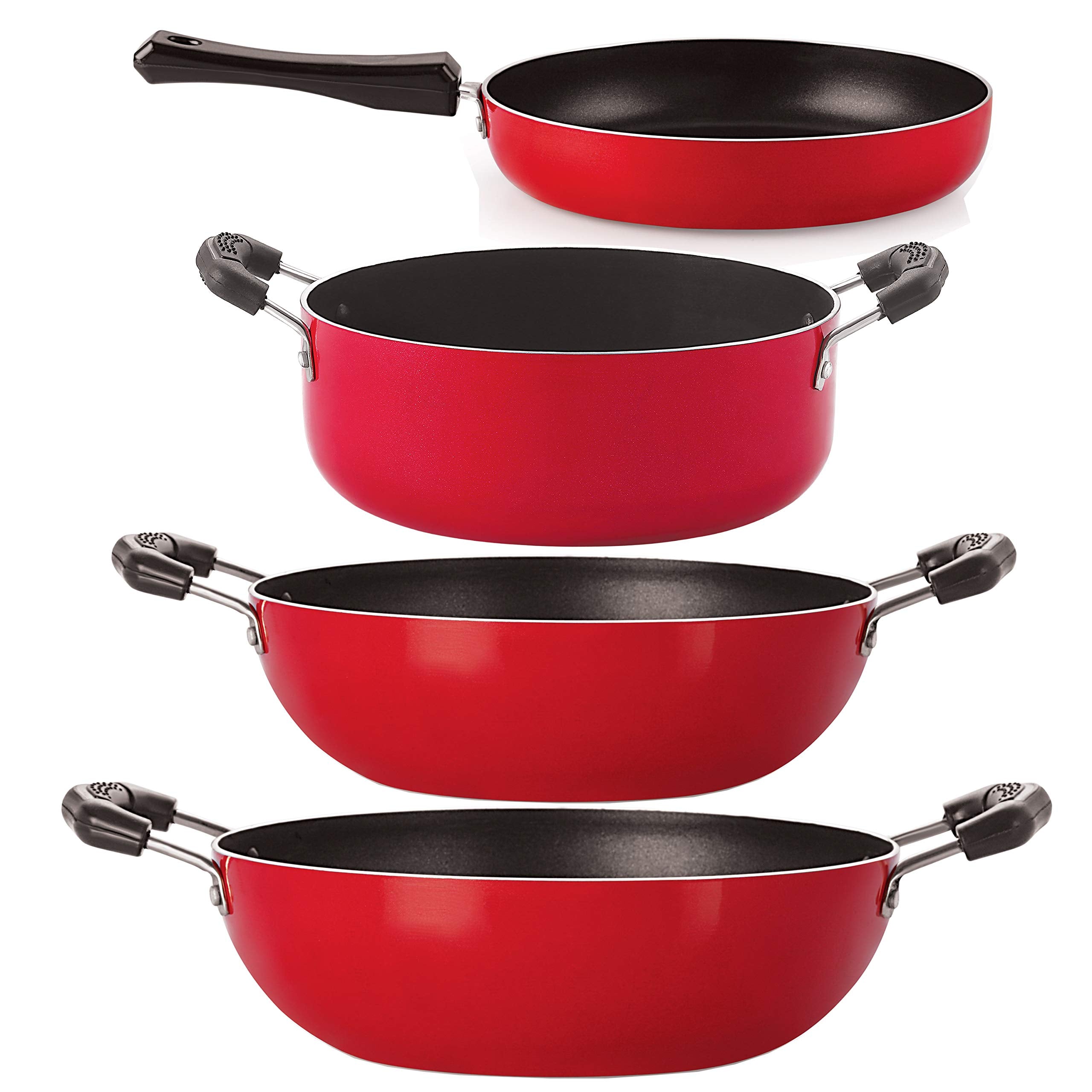 Nirlon NonStick Aluminum Cookware Set, 4Piece, Red And Black (2.6Mm_Fp10_Kd12_Kd13_Cass22)