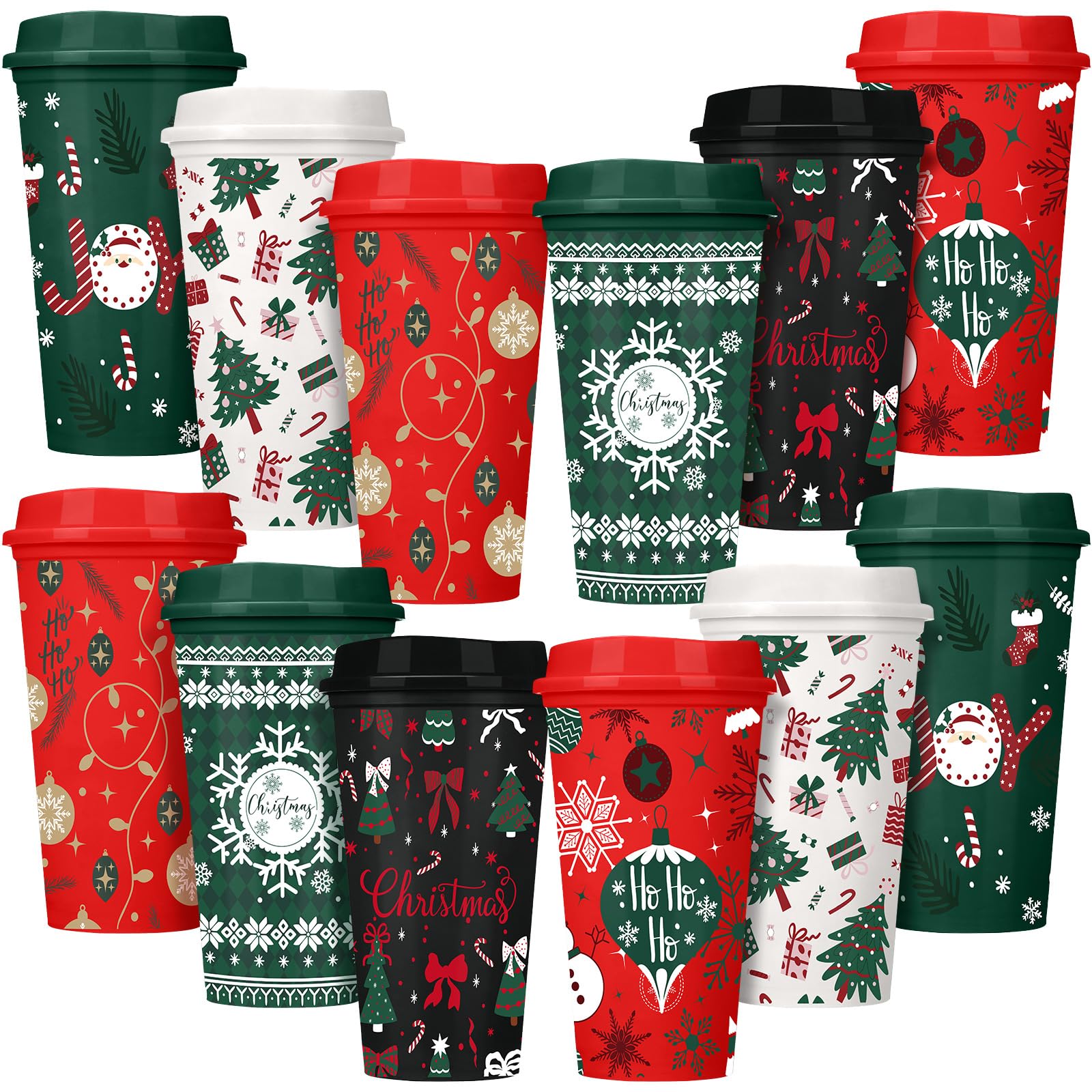 Pickmesh 12 Pack Christmas Coffee Cups Gifts Bulk 16 oz Reusable Coffee Cup Tumblers with Lid Plastic Cups Travel Mug Thank You 