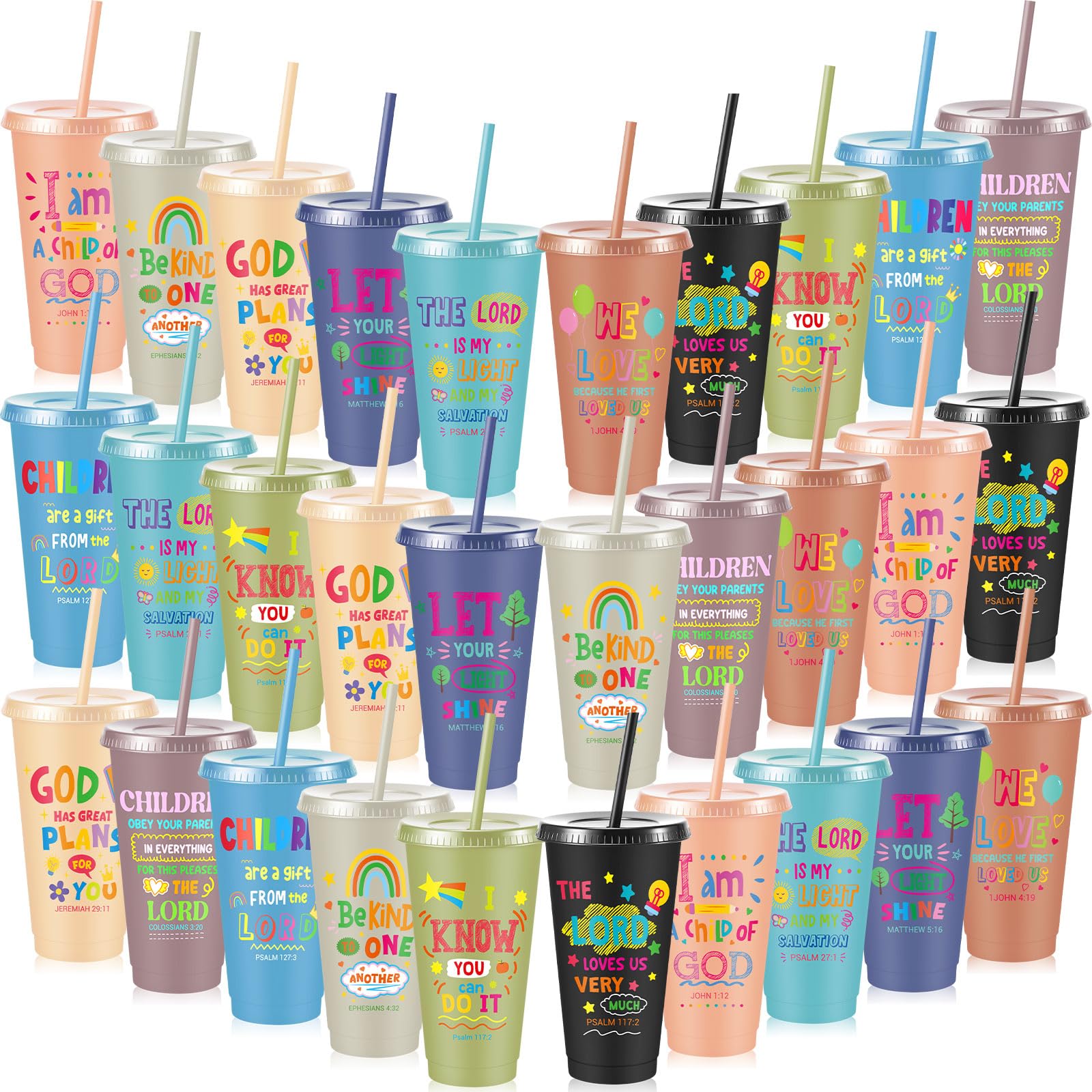 Uiifan 30 Pcs Morandi Christian Cups for Kids, 24oz Pastel Reusable Plastic Tumblers with Lids and Straws, Bible Verse Party Cup
